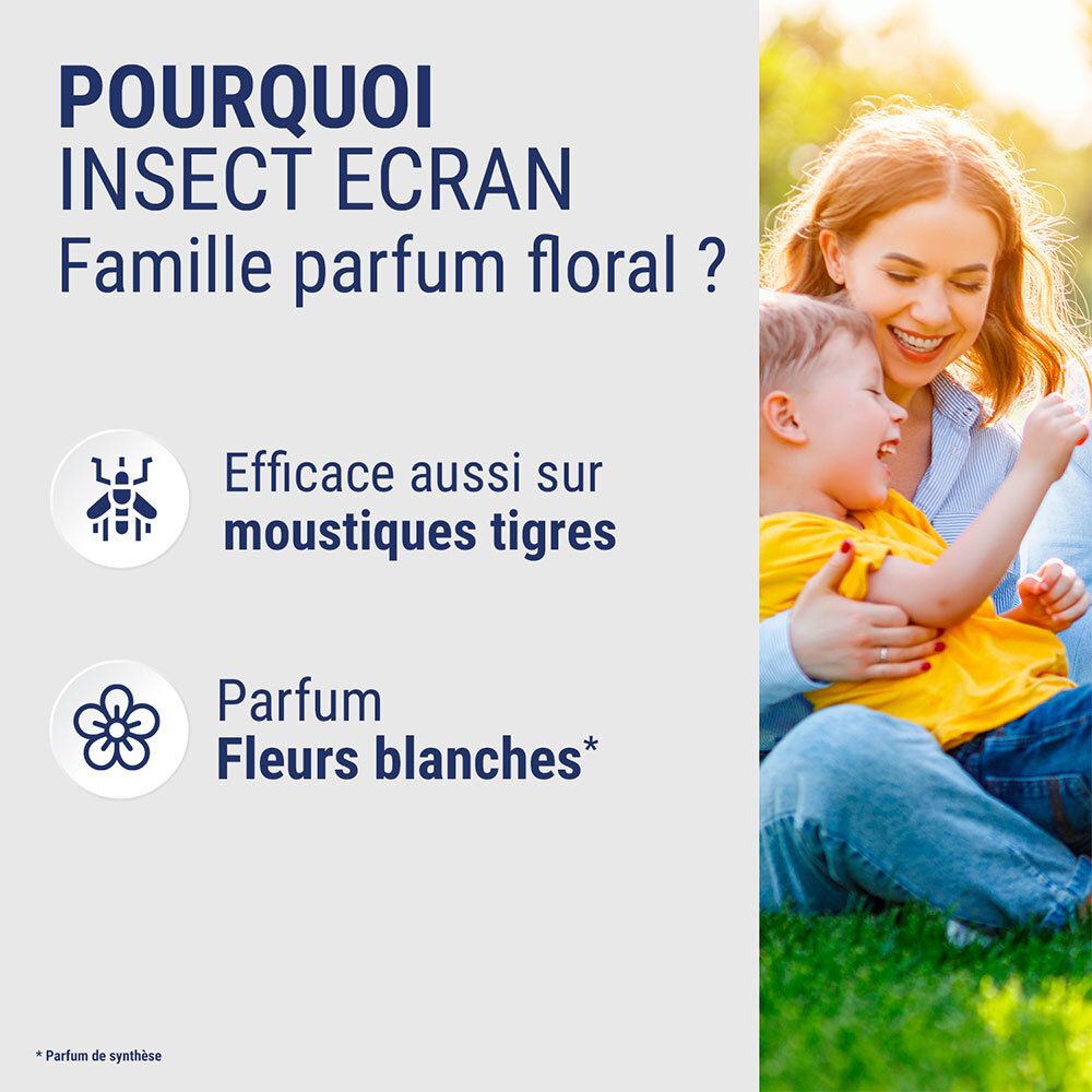 Femme avec enfant en extérieur, Insect Ecran Famille parfum floral et protection anti-moustiques.