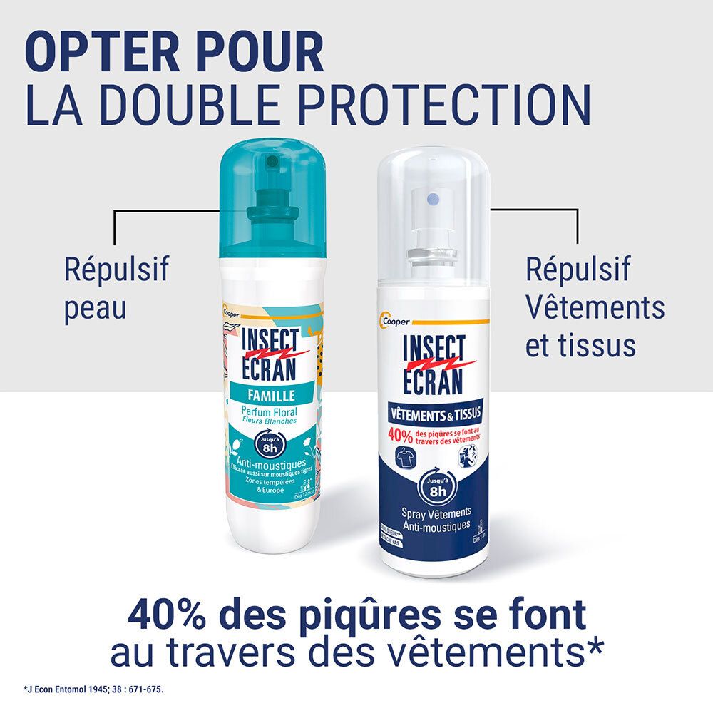 Comparaison des sprays Insect Ecran Famille pour peau et vêtements, double protection.