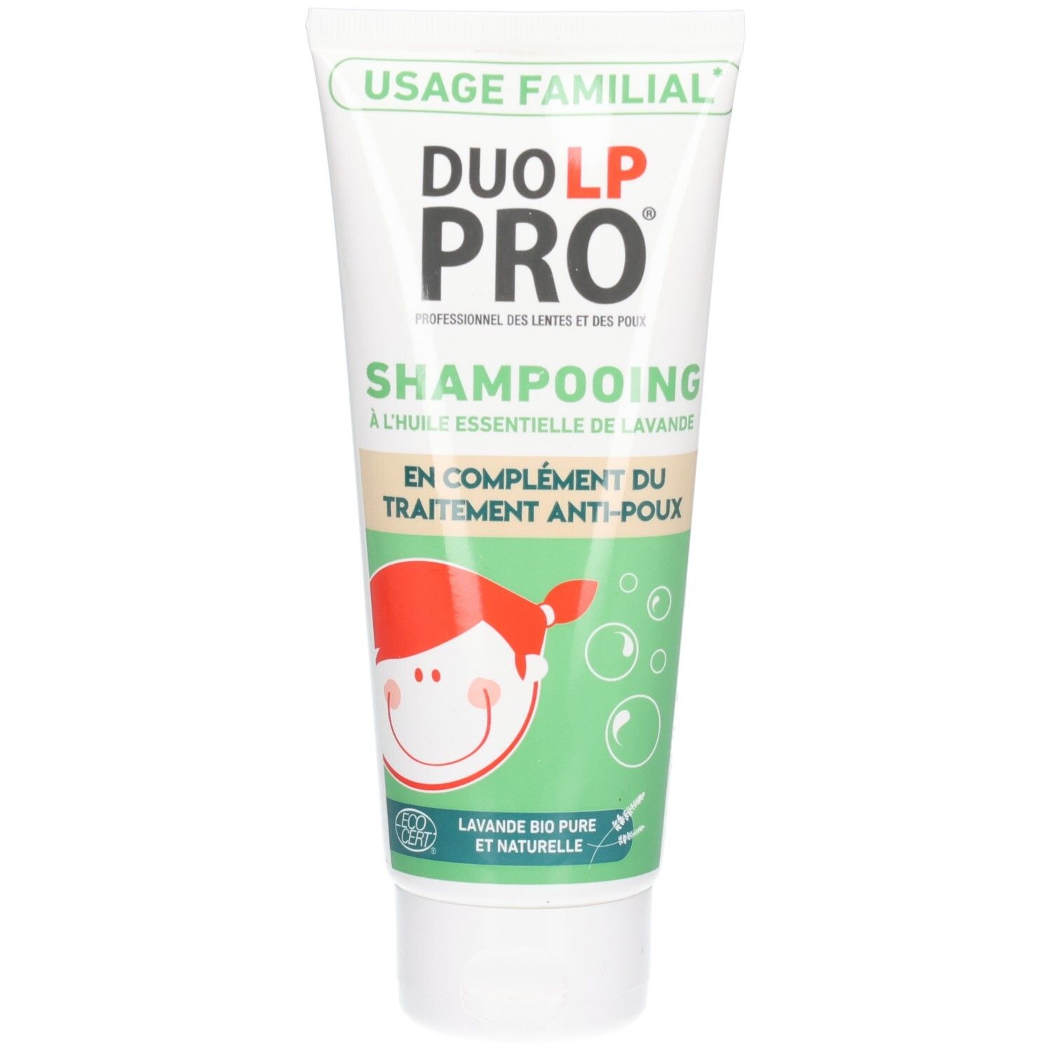Duo-LP Pro Shampooing à l'huile essentielle de lavande. Usage familial. Illustration d'enfant.