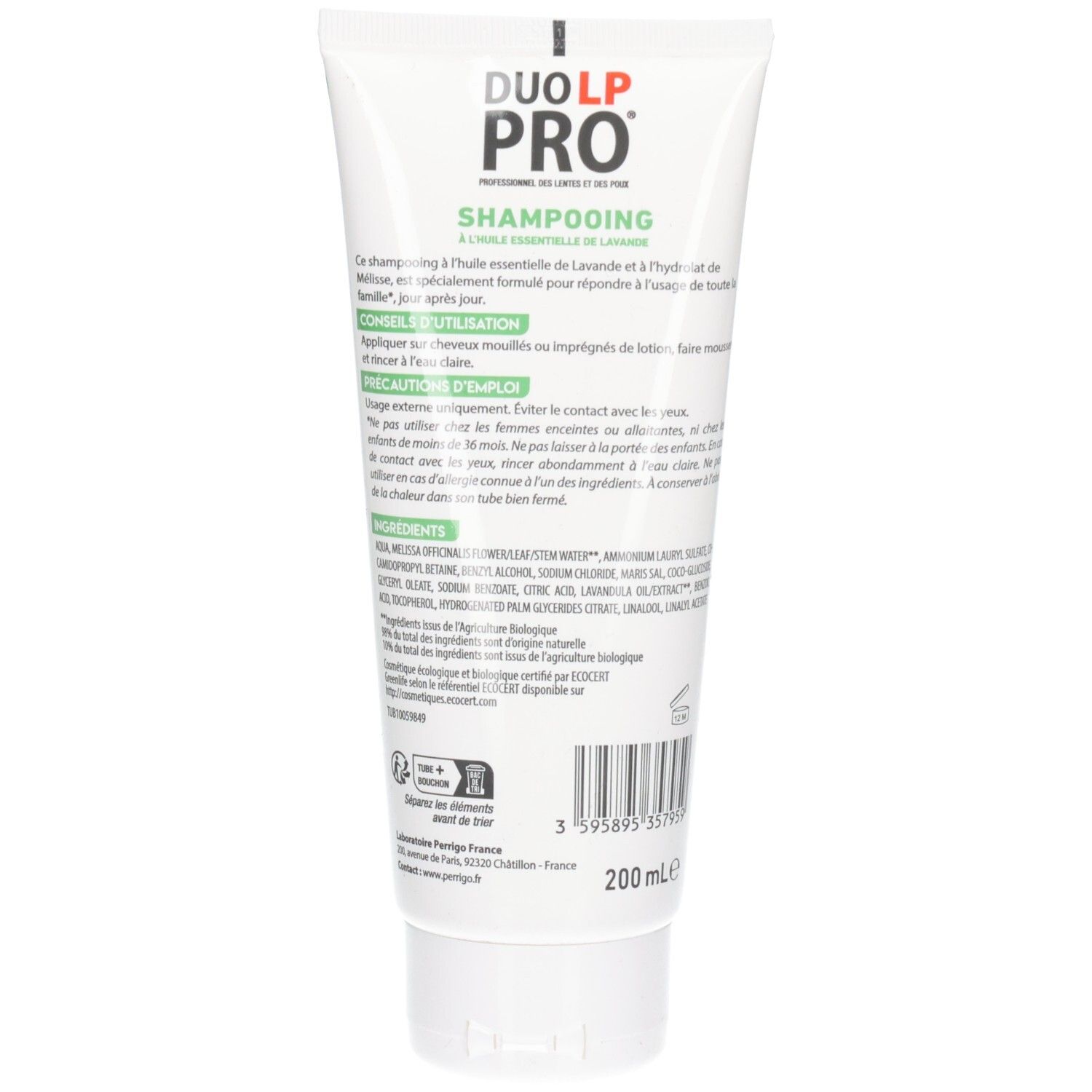 Arrière du tube Duo-LP Pro Shampooing avec ingrédients et instructions. 200ml.