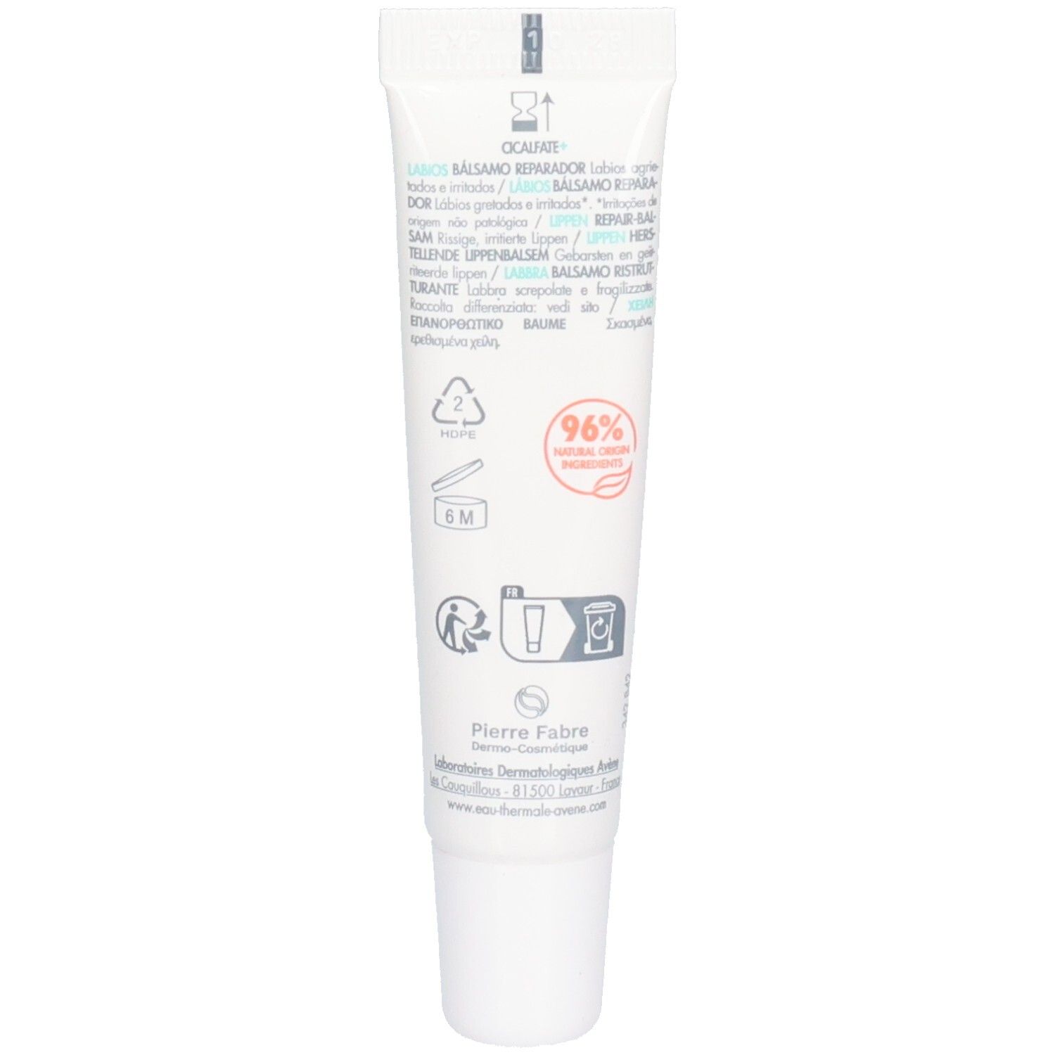 Dos du tube blanc. Texte multilingue. Informations sur les ingrédients et le recyclage.