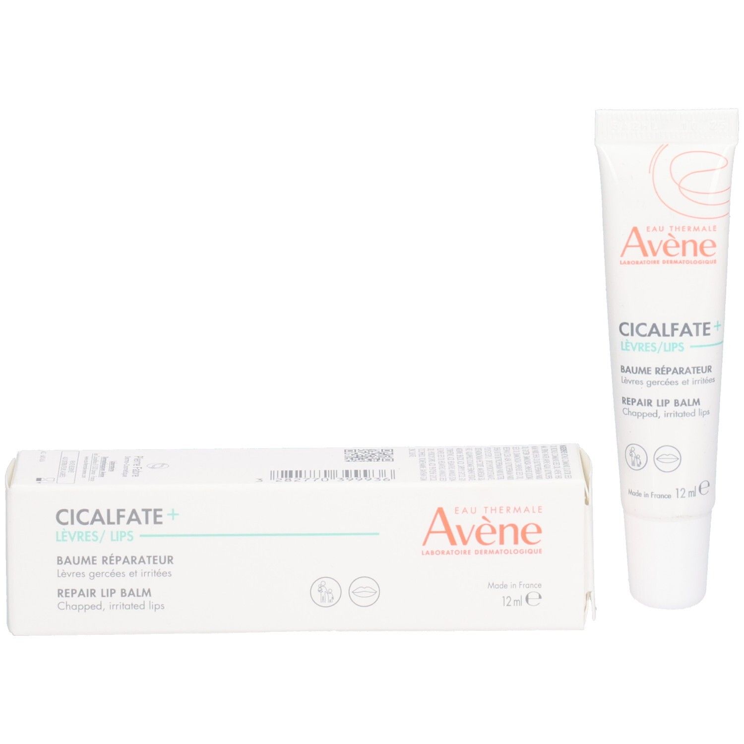 Emballage et tube. Emballage blanc, nom et logo du produit. Tube blanc, nom du produit.