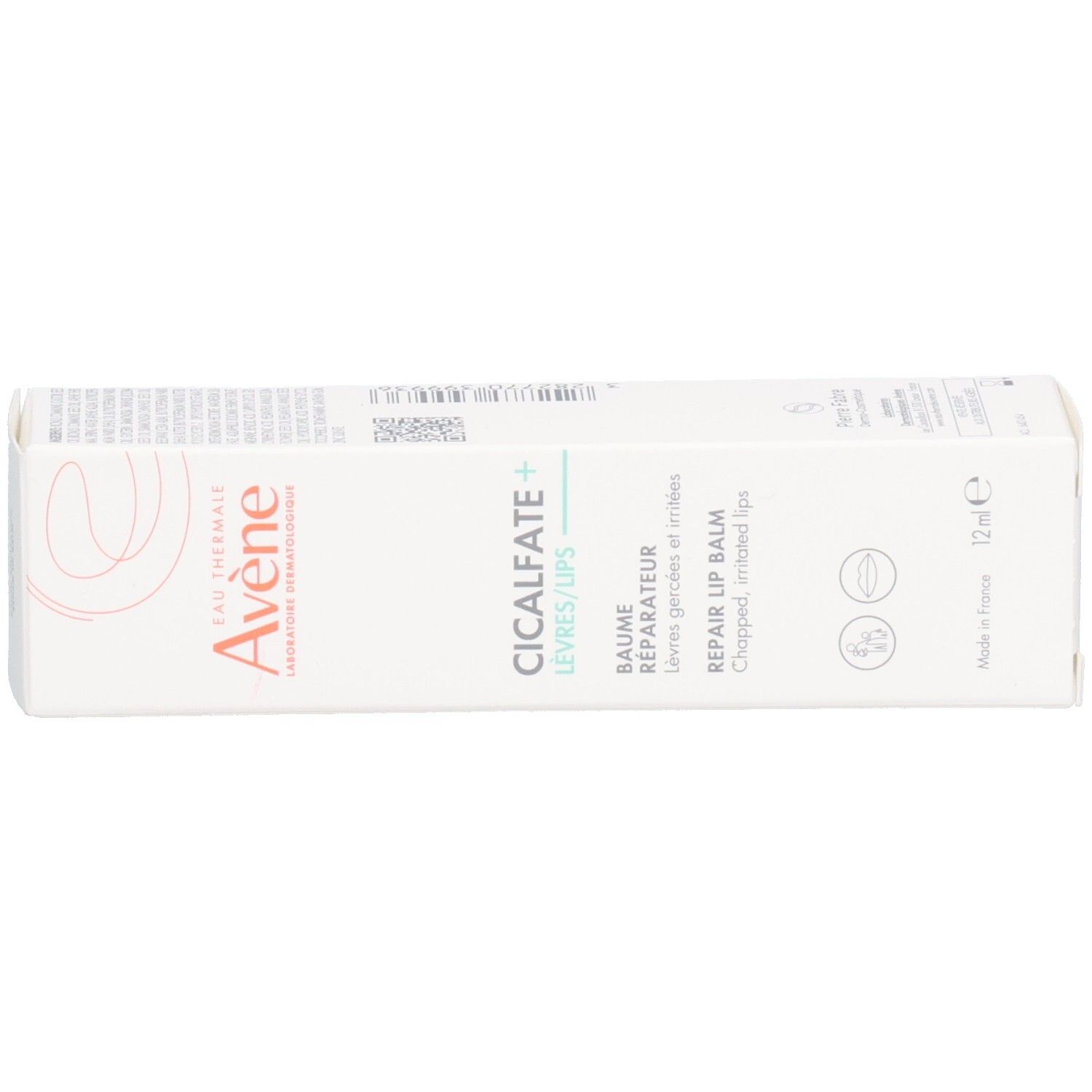 Dessus de l'emballage blanc. Inscription "AVENE CICALFATE+ LÈVRES/LIPS".