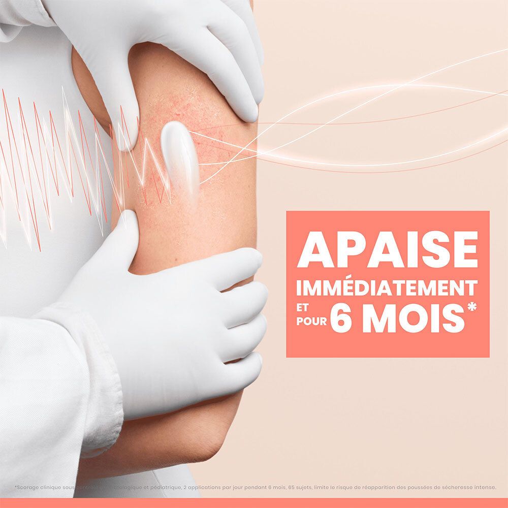 Bras avec crème. Texte: Apaise immédiatement et pour 6 mois.