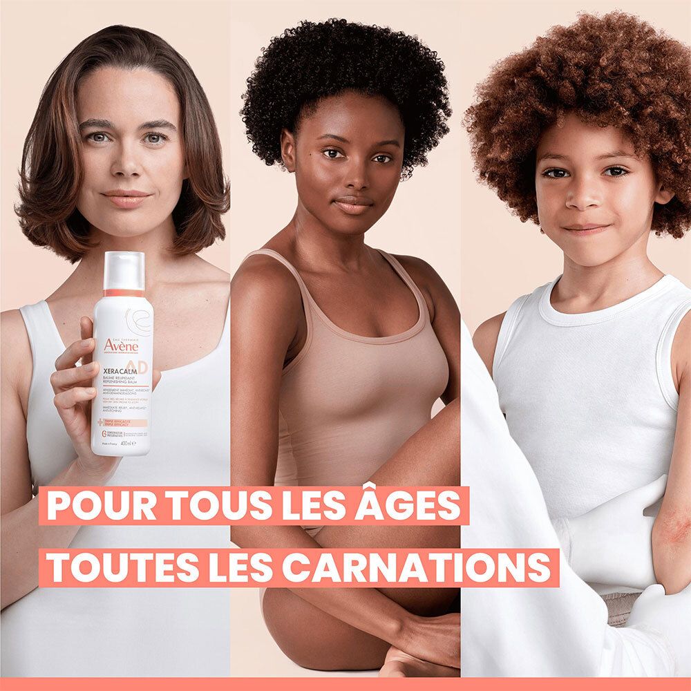 Trois personnes de différentes couleurs de peau. Texte: Pour tous les âges, toutes les carnations. Produit en main.