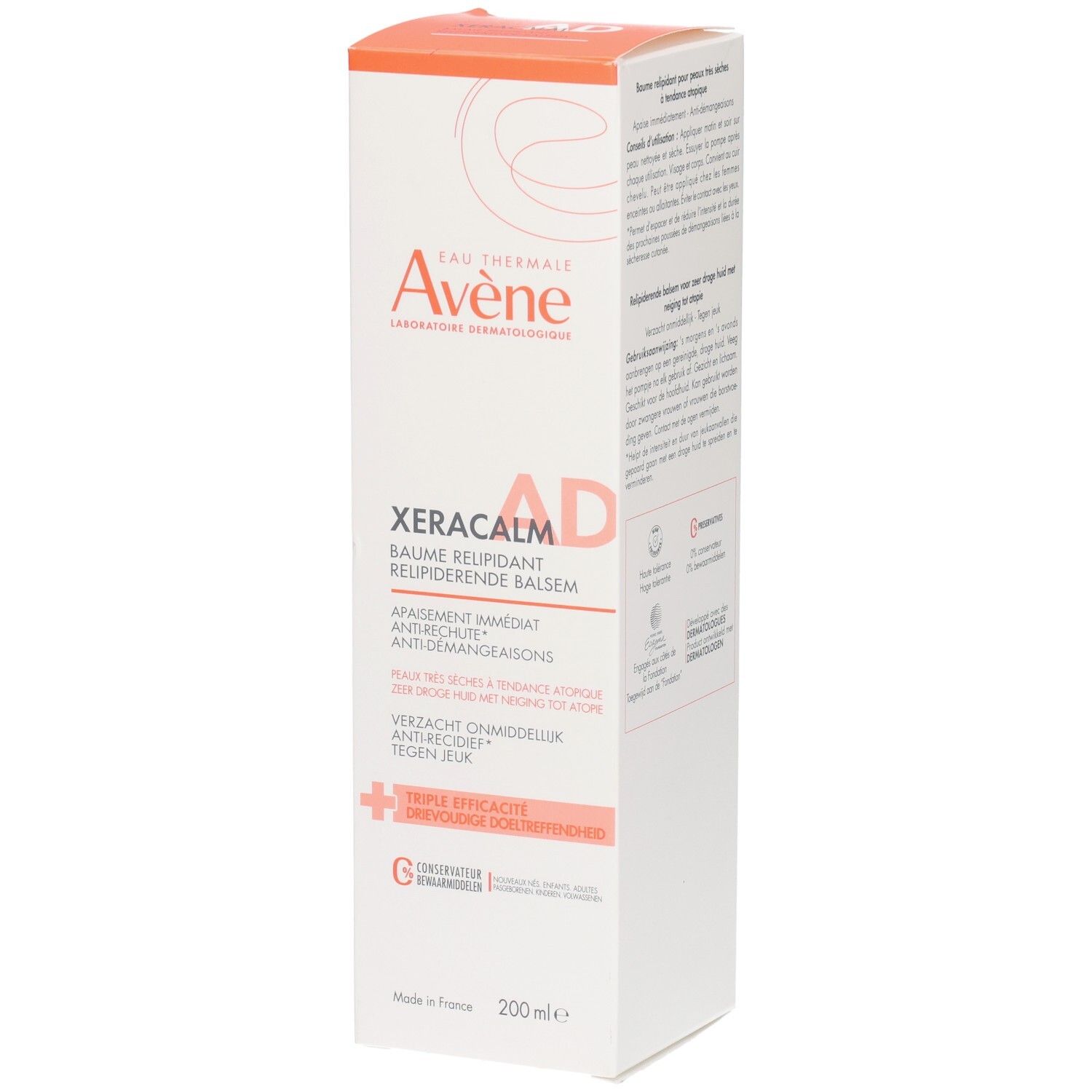 Boîte Avene XeraCalm AD Baume. Inscriptions en français et autres langues. Accents orange. 200 ml.