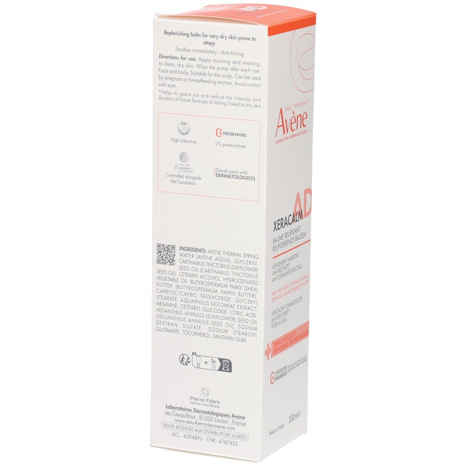 Dos de la boîte Avene XeraCalm AD Baume. Texte en plusieurs langues. Ingrédients et logos.