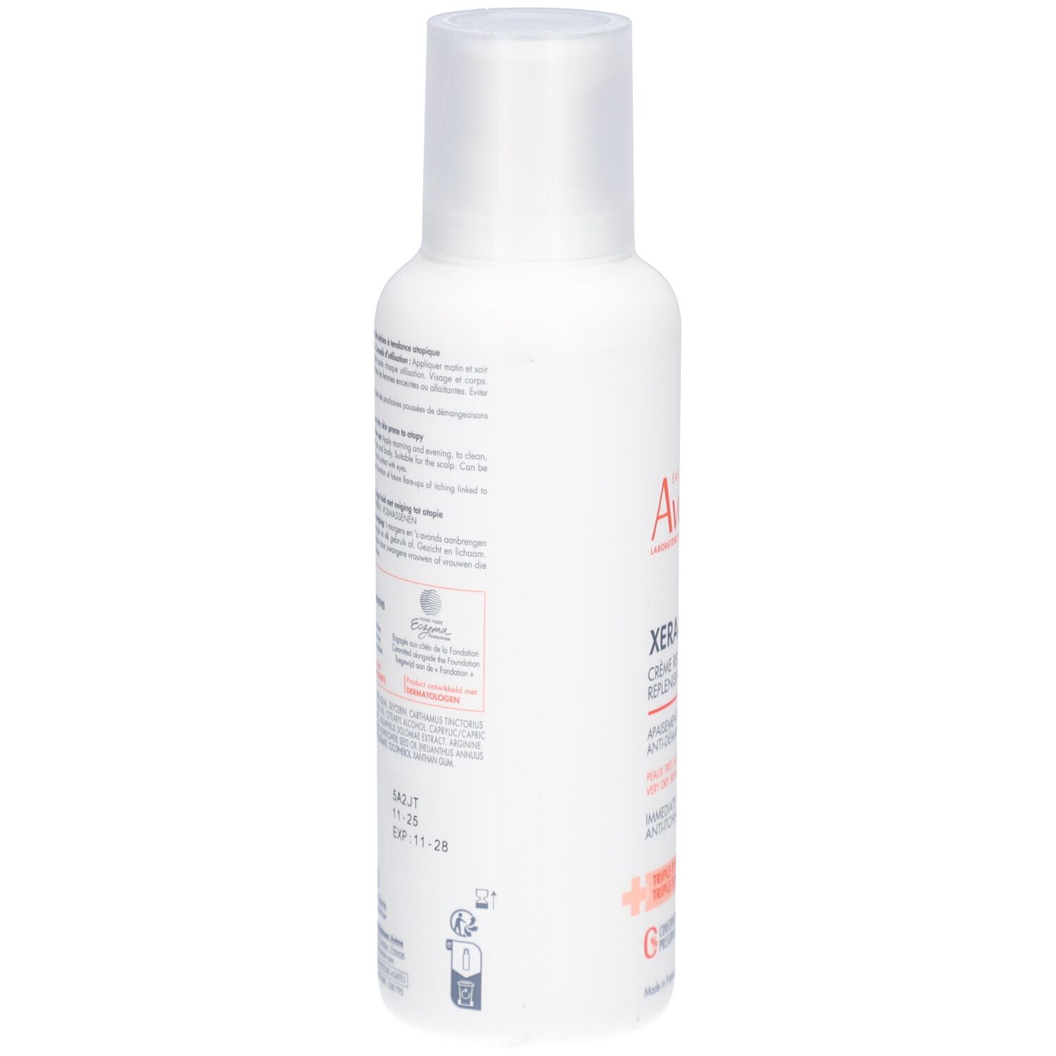 Dos du flacon blanc. Texte multilingue. Date de péremption imprimée: 11-25.