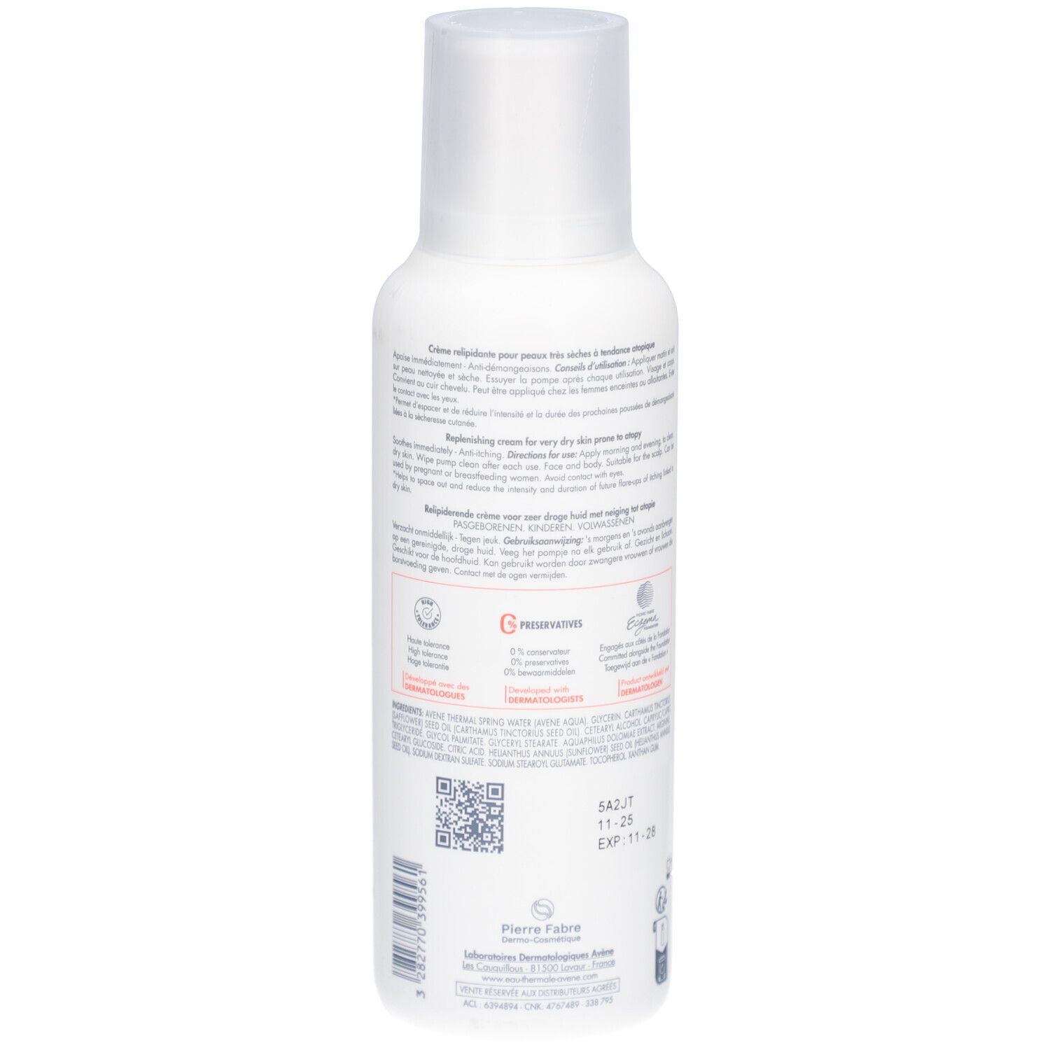 Dos du flacon blanc. Texte multilingue. Code QR et date de péremption: 11-25.
