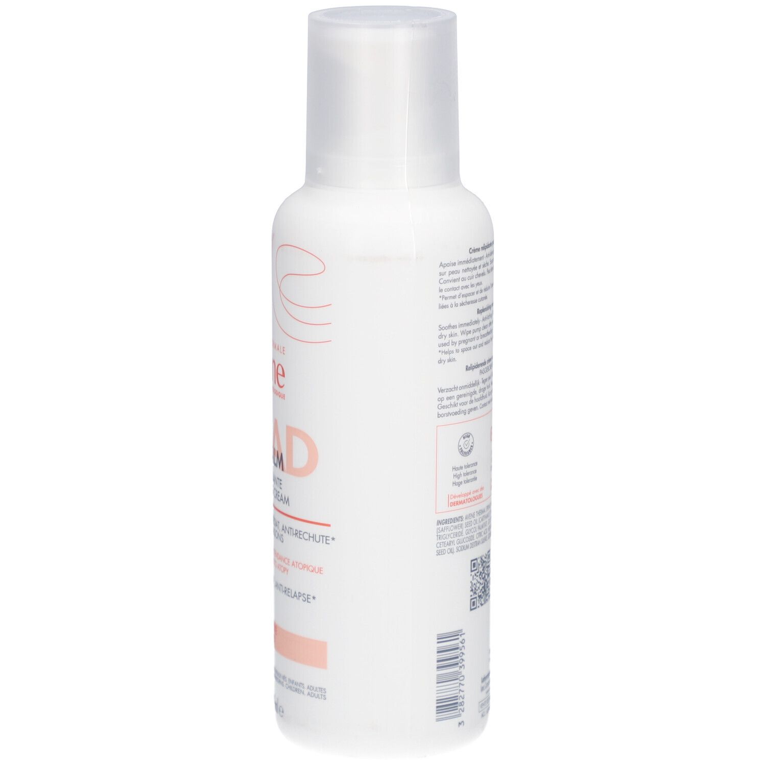 Dos du flacon blanc. Texte multilingue. Logo Avène et code QR.