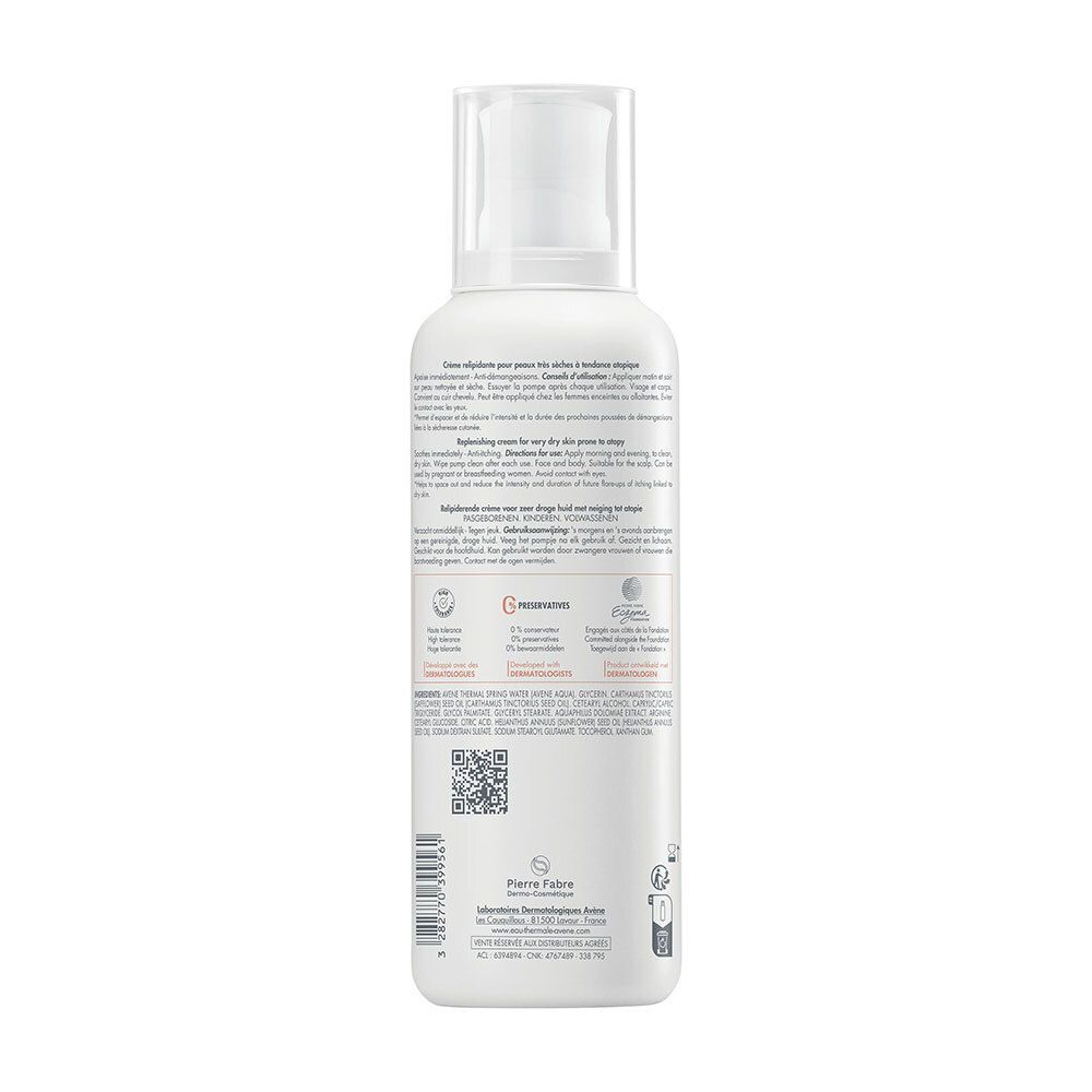 Dos du flacon blanc. Texte multilingue. Code QR et logos. Ingrédients et informations du fabricant.