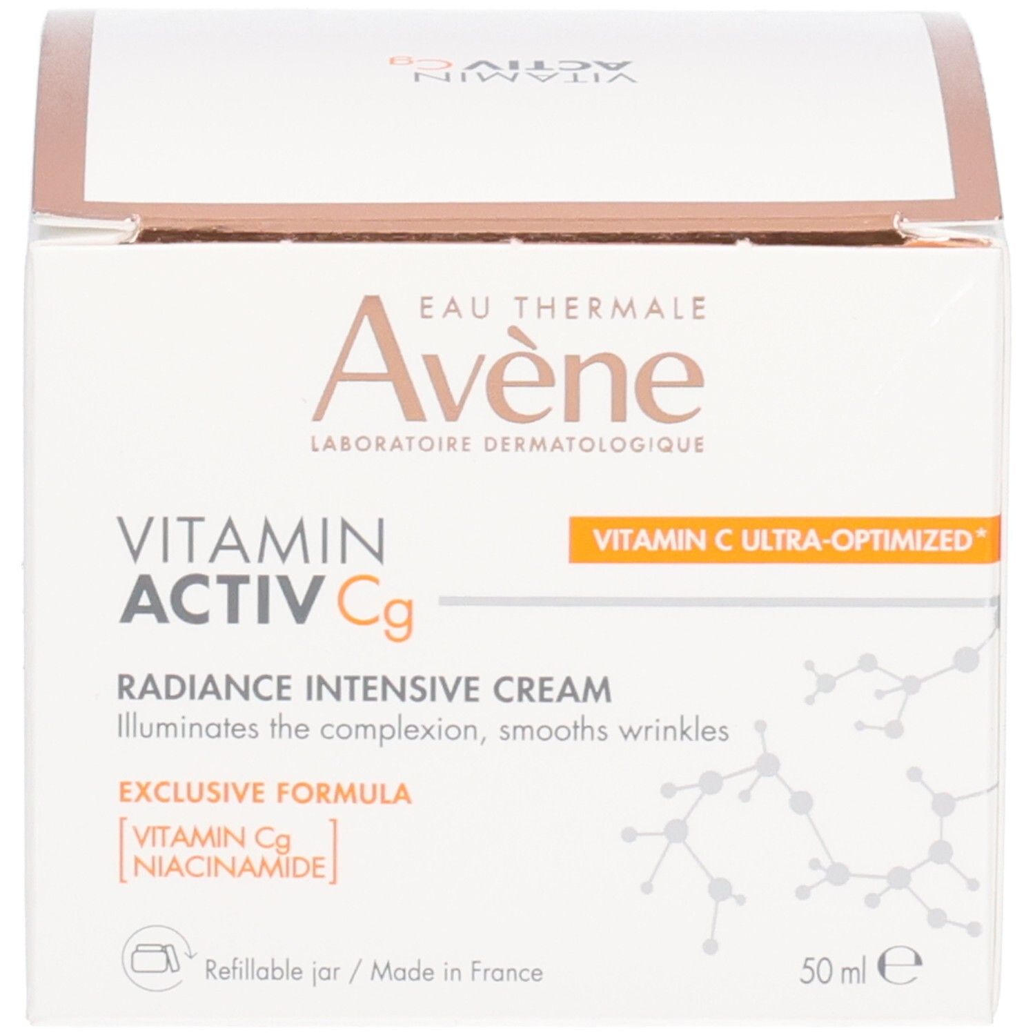 Emballage du produit. Inscription: Avene, Vitamin Activ Cg, Radiance Intensive Cream. Avec informations et ingrédients.