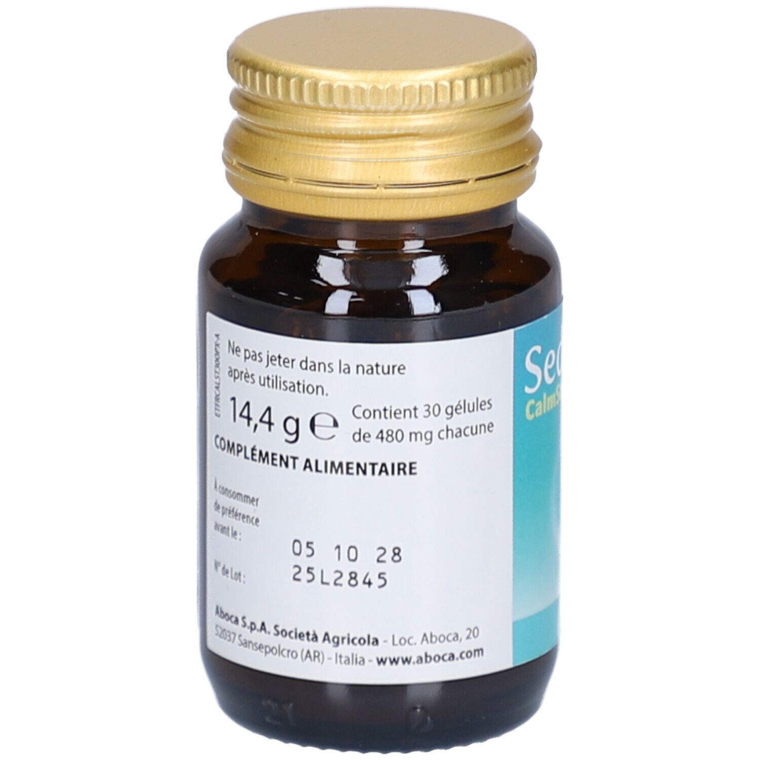 Flacon en verre brun avec bouchon doré. Étiquette avec informations produit. Contient 30 gélules.