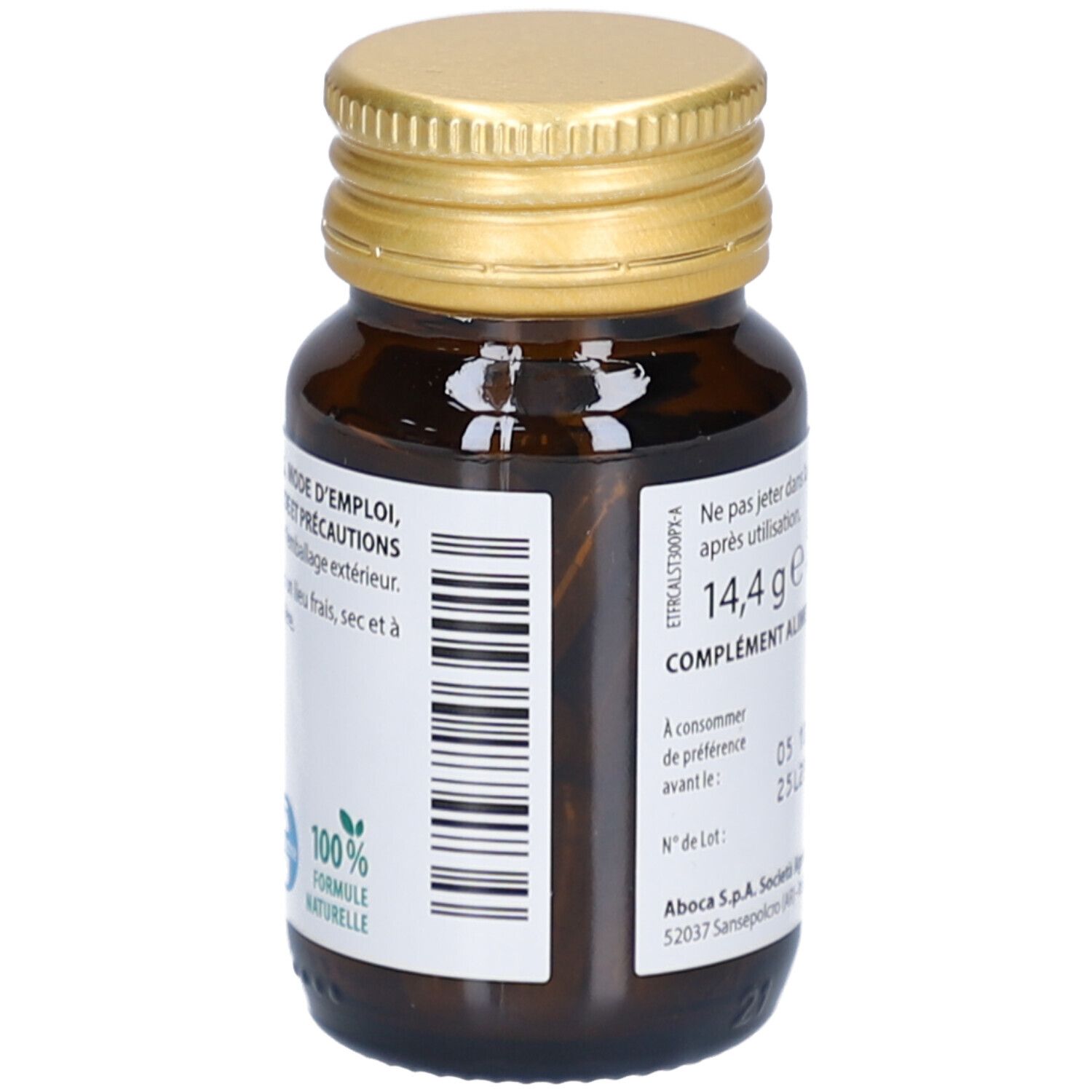 Flacon en verre brun avec bouchon doré. Étiquette avec informations produit et code-barres.
