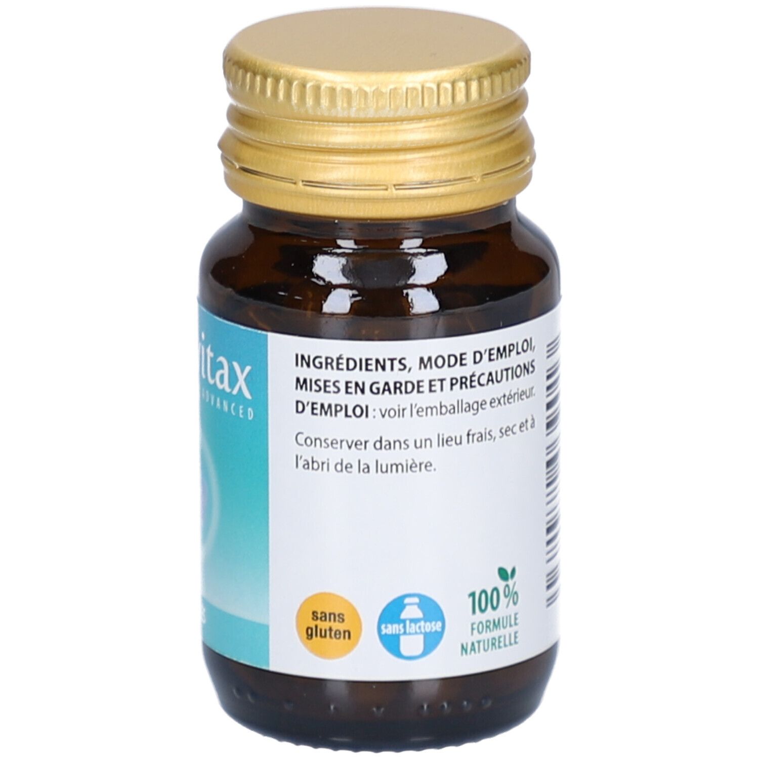 Flacon en verre brun avec bouchon doré. Étiquette avec informations produit, sans gluten et sans lactose.
