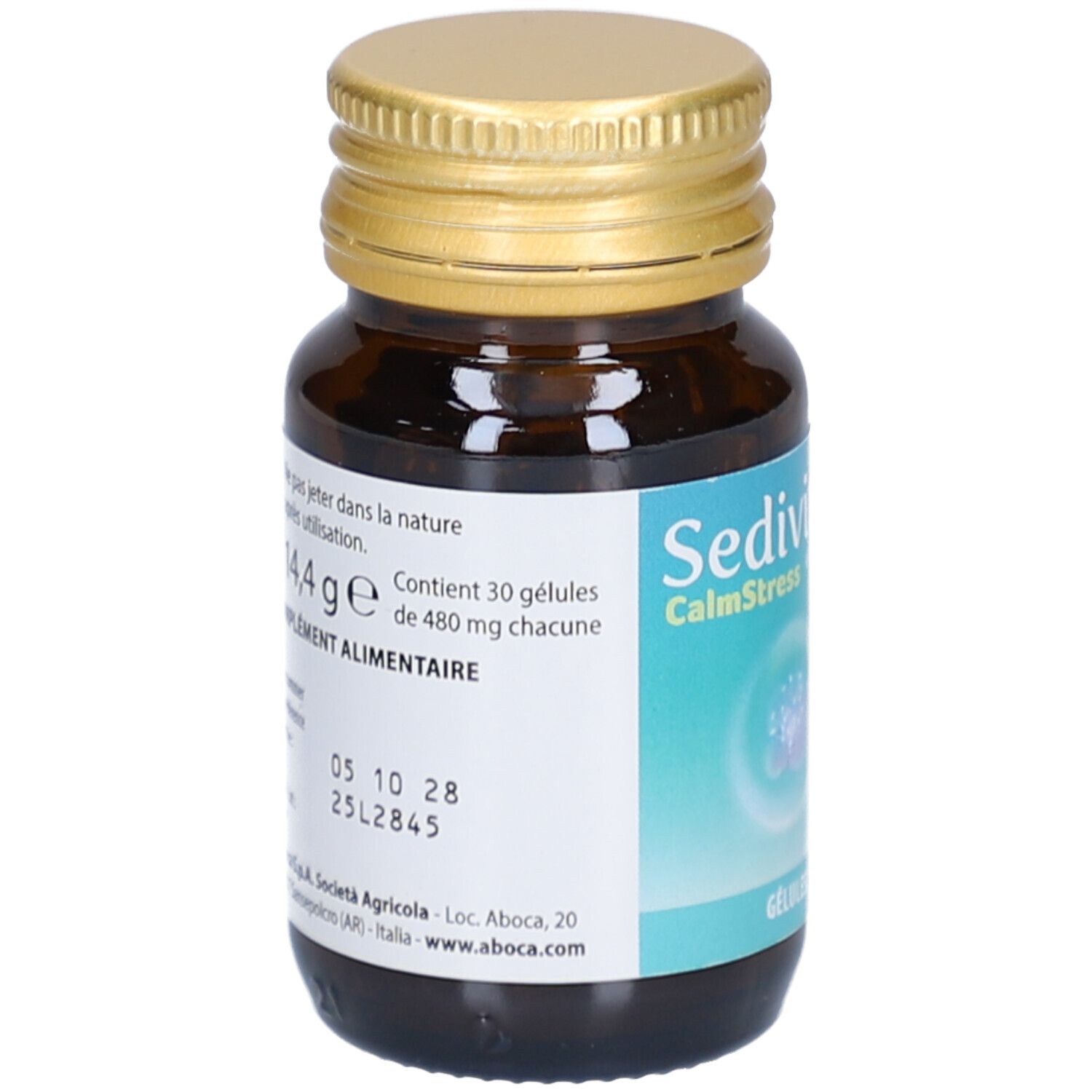 Flacon en verre brun avec bouchon doré. Étiquette avec informations produit. Contient 30 gélules.