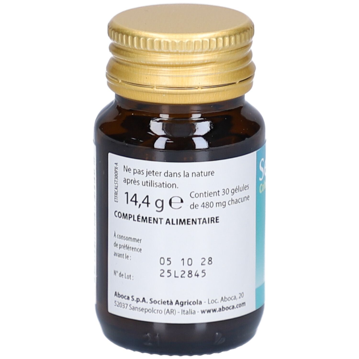 Flacon en verre brun avec bouchon doré. Étiquette avec informations produit. Contient 30 gélules.