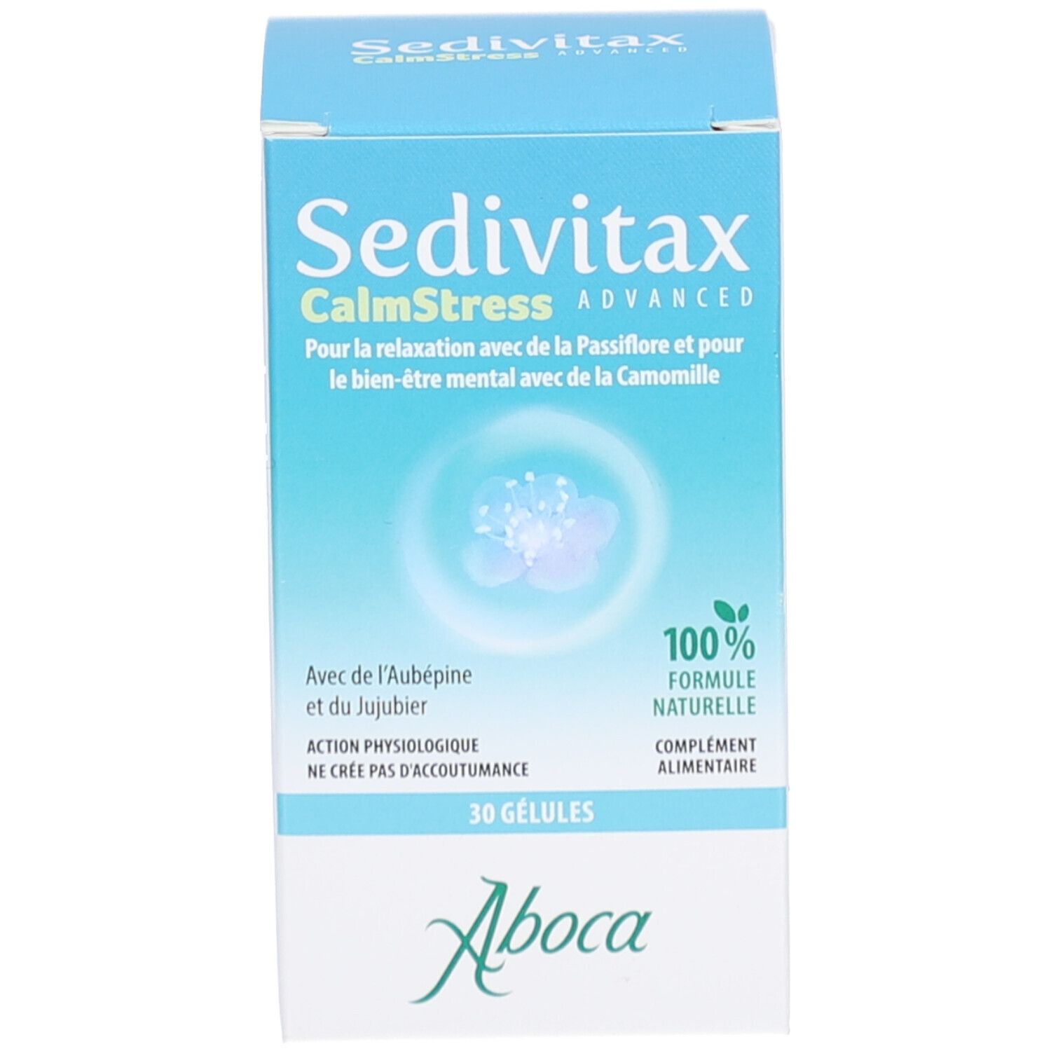 Boîte blanche avec nom du produit et motif floral. Contient 30 gélules.