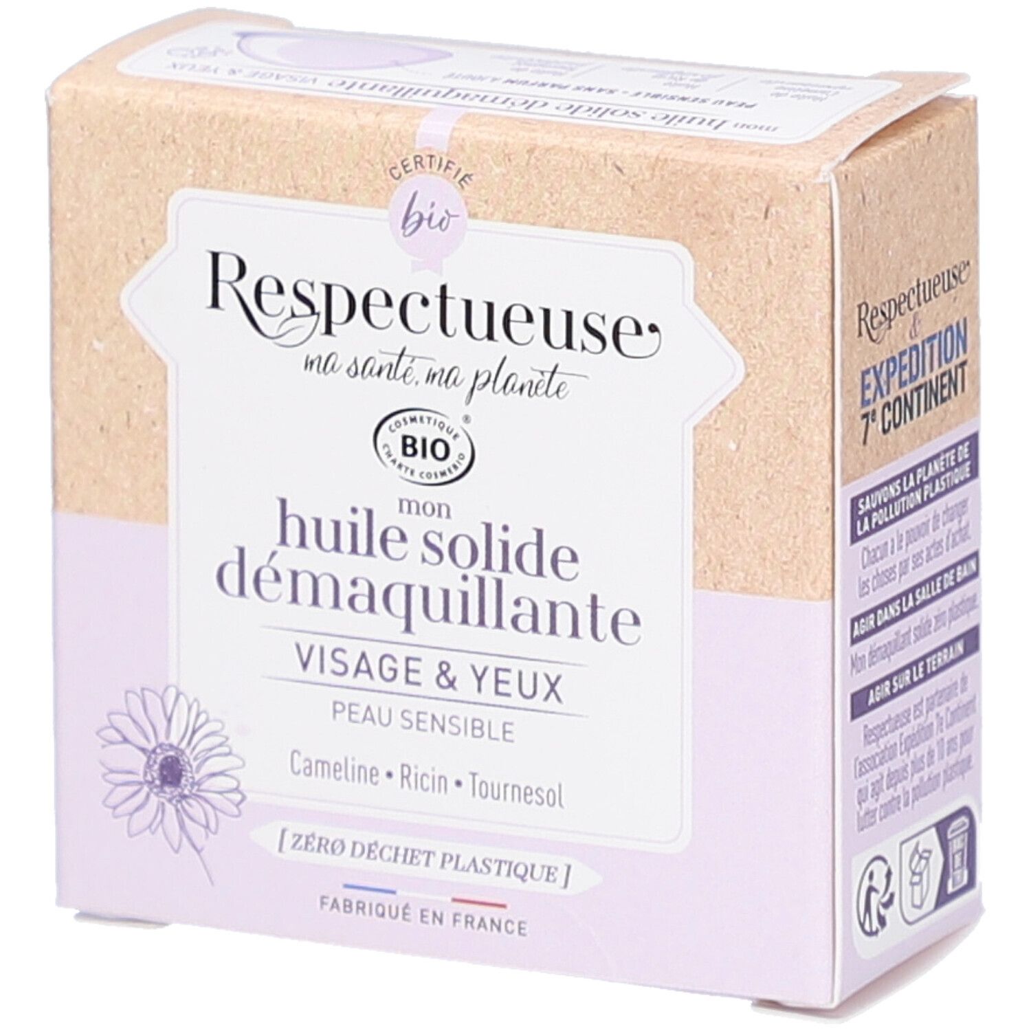 Boîte en carton avec informations produit. Inscriptions: "Respectueuse", "Huile solide démaquillante", "Visage & Yeux". Certification bio.