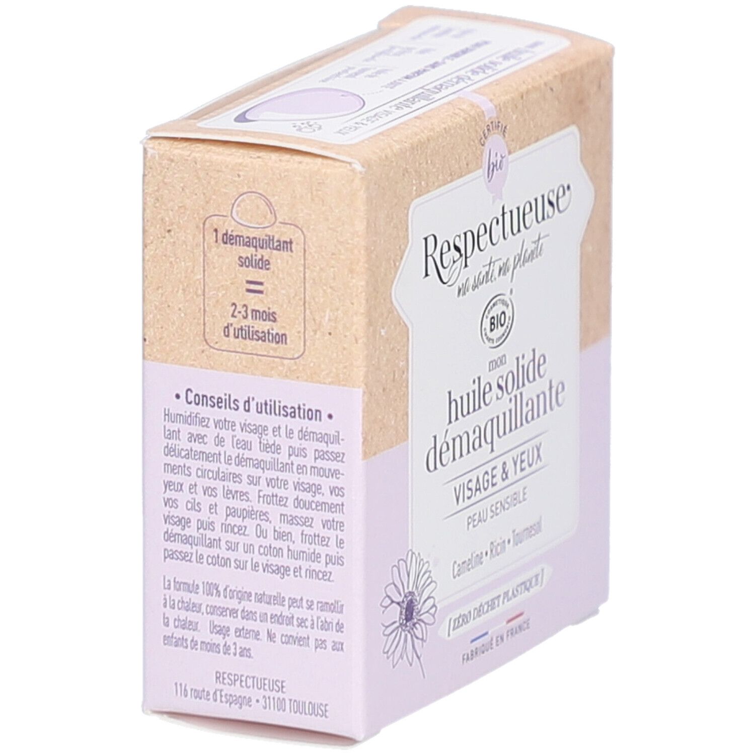 Boîte en carton, vue latérale. Inscriptions: "Respectueuse", "Huile solide démaquillante", "Visage & Yeux". Conseils d'utilisation et durée.