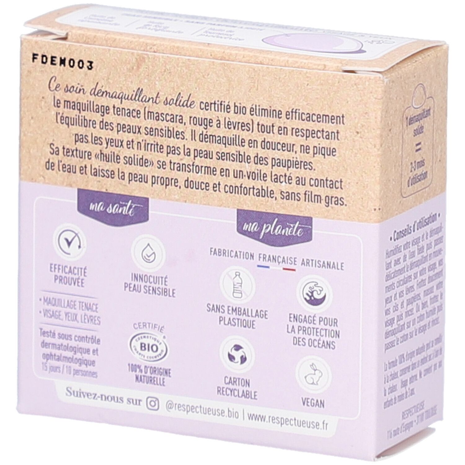 Dos de la boîte en carton. Texte: "Efficacité prouvée", "Sans emballage plastique", "Vegan". Certifications et logos.