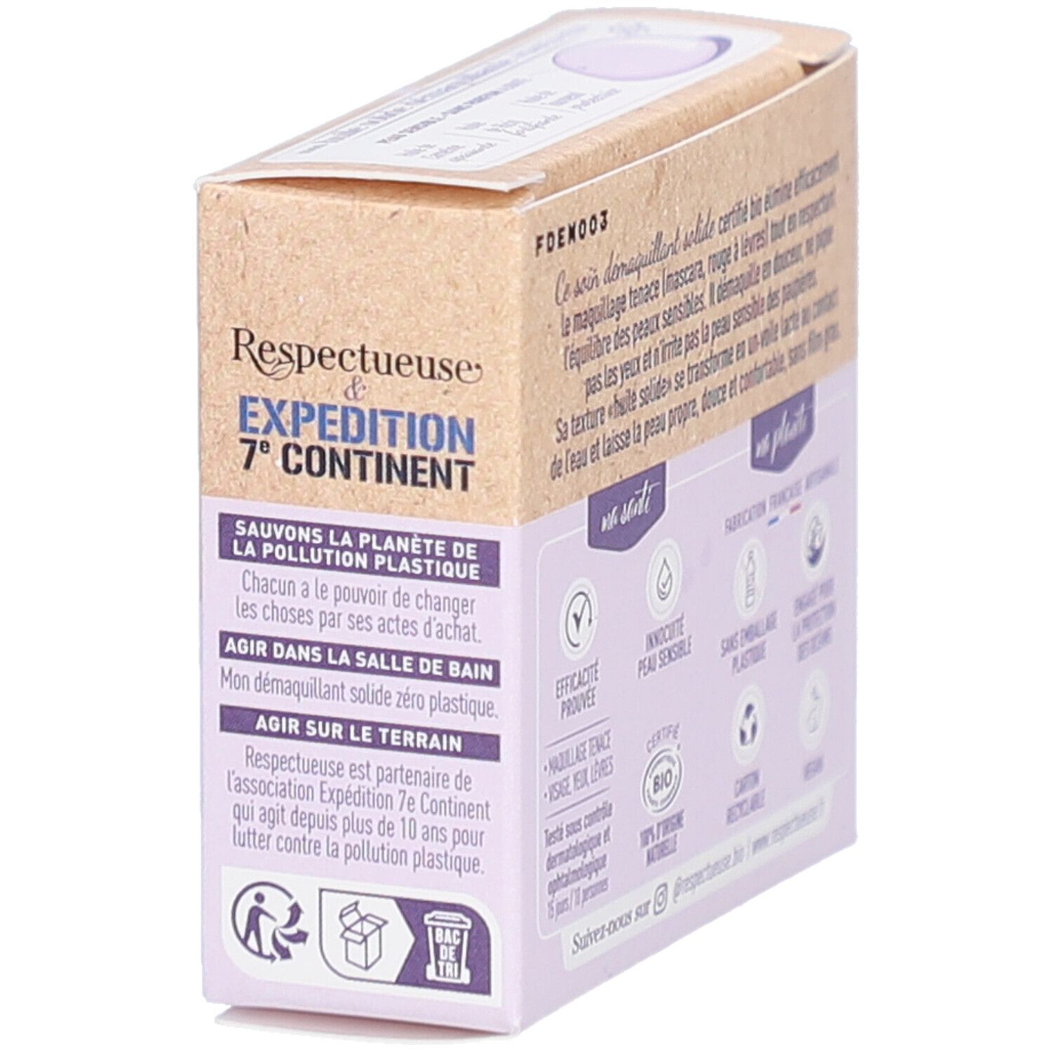 Boîte en carton avec texte: "Respectueuse & Expedition 7° Continent". Informations sur la durabilité et la protection de l'environnement.