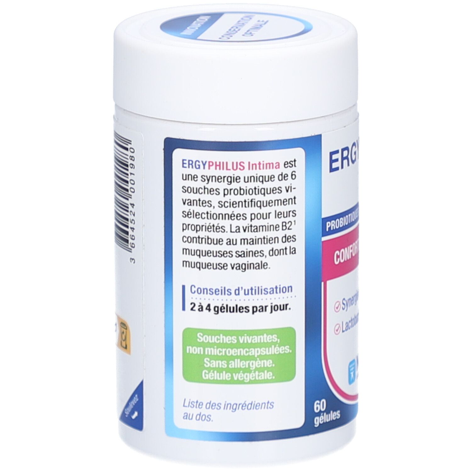 Dos du flacon cylindrique blanc. Texte: ERGYPHILUS Intima, 6 souches probiotiques. Conseils d'utilisation: 2 à 4 gélules par jour. 60 gélules.