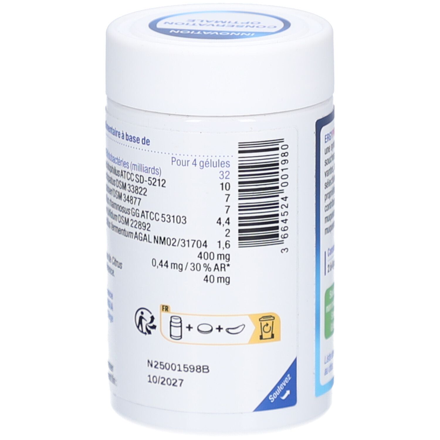 Dos du flacon cylindrique blanc. Liste des ingrédients et valeurs nutritionnelles. Pictogrammes. Numéro de lot et date de péremption.