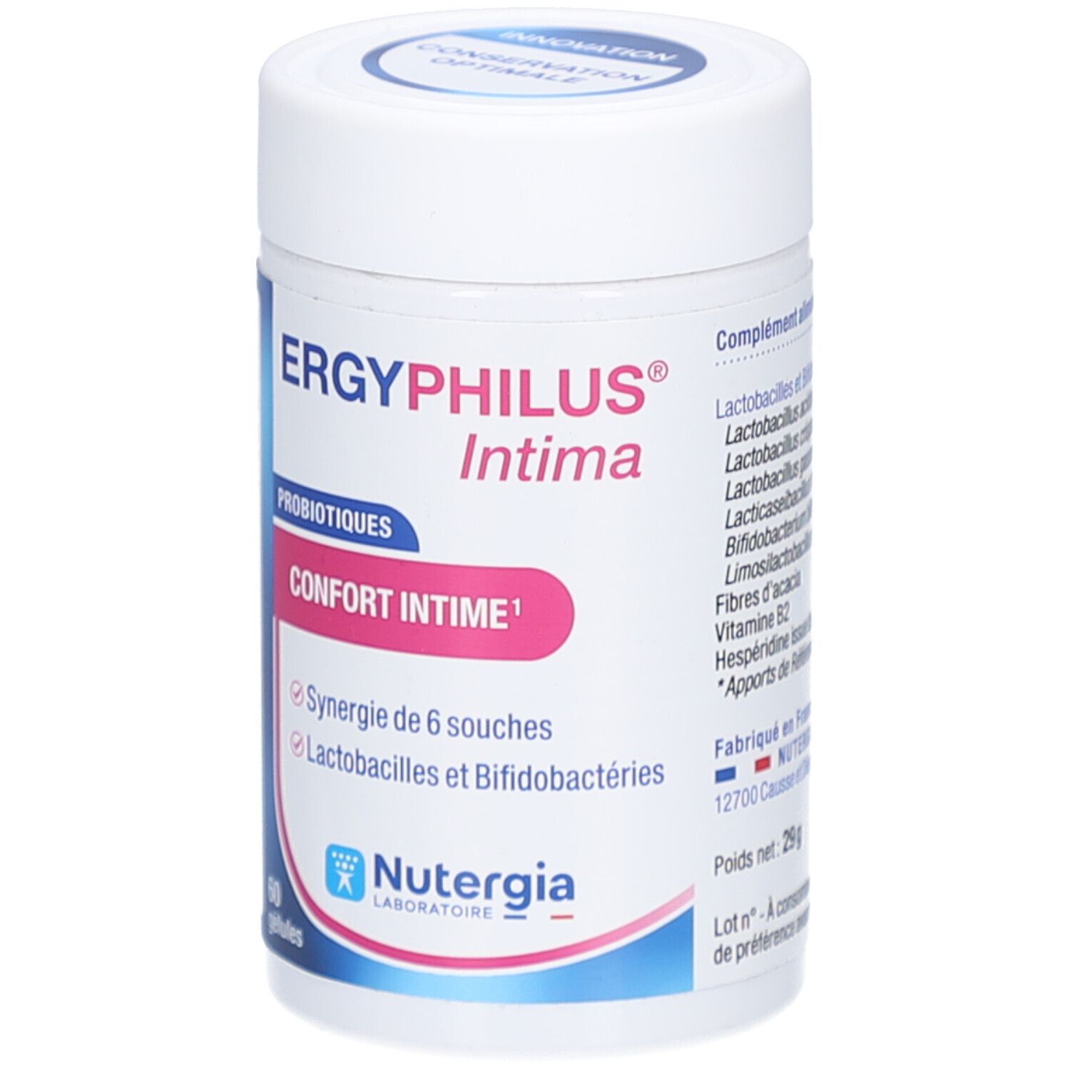 Flacon blanc cylindrique avec étiquette. Inscription: ERGYPHILUS Intima, Probiotiques, Confort Intime, 60 gélules. Marque: Nutergia. Fabriqué en France.