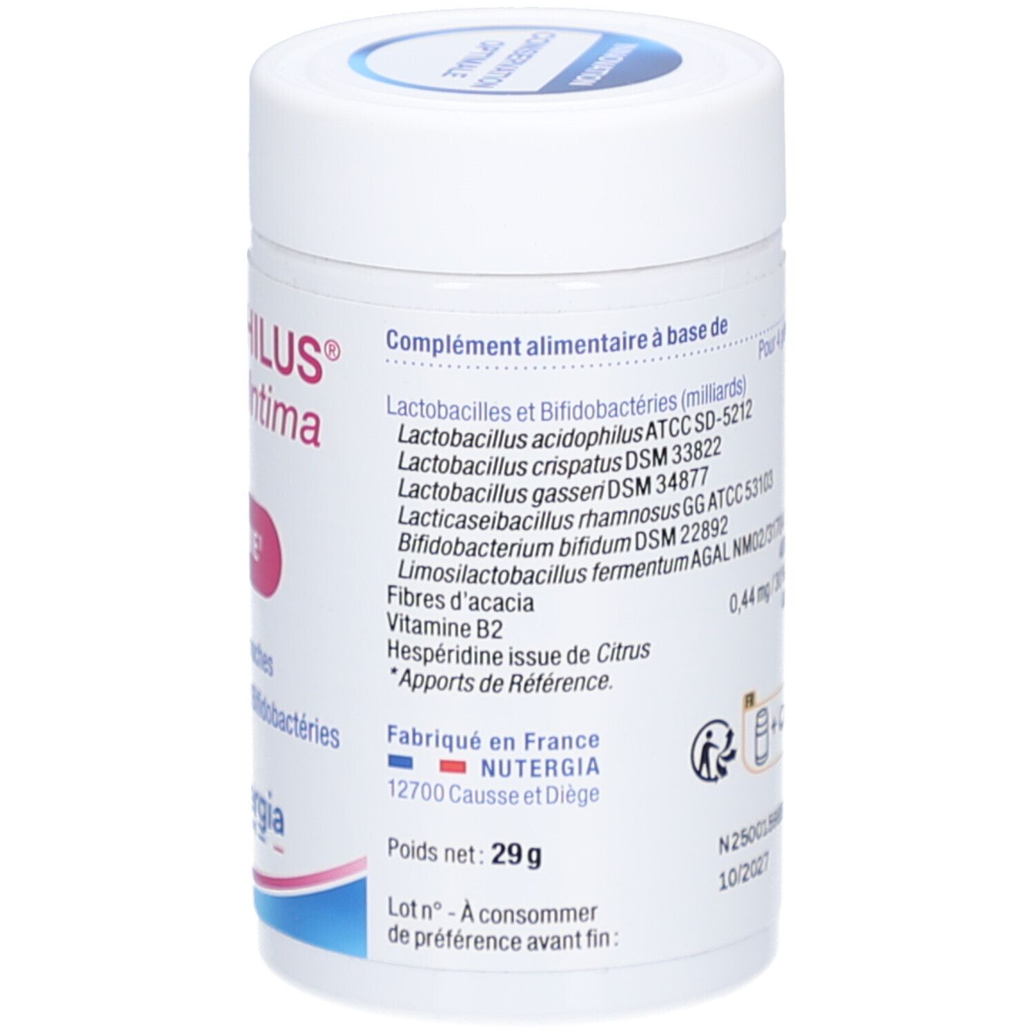 Dos du flacon cylindrique blanc. Liste des ingrédients. Fabriqué en France. Poids net: 29 g. Numéro de lot et date de péremption.