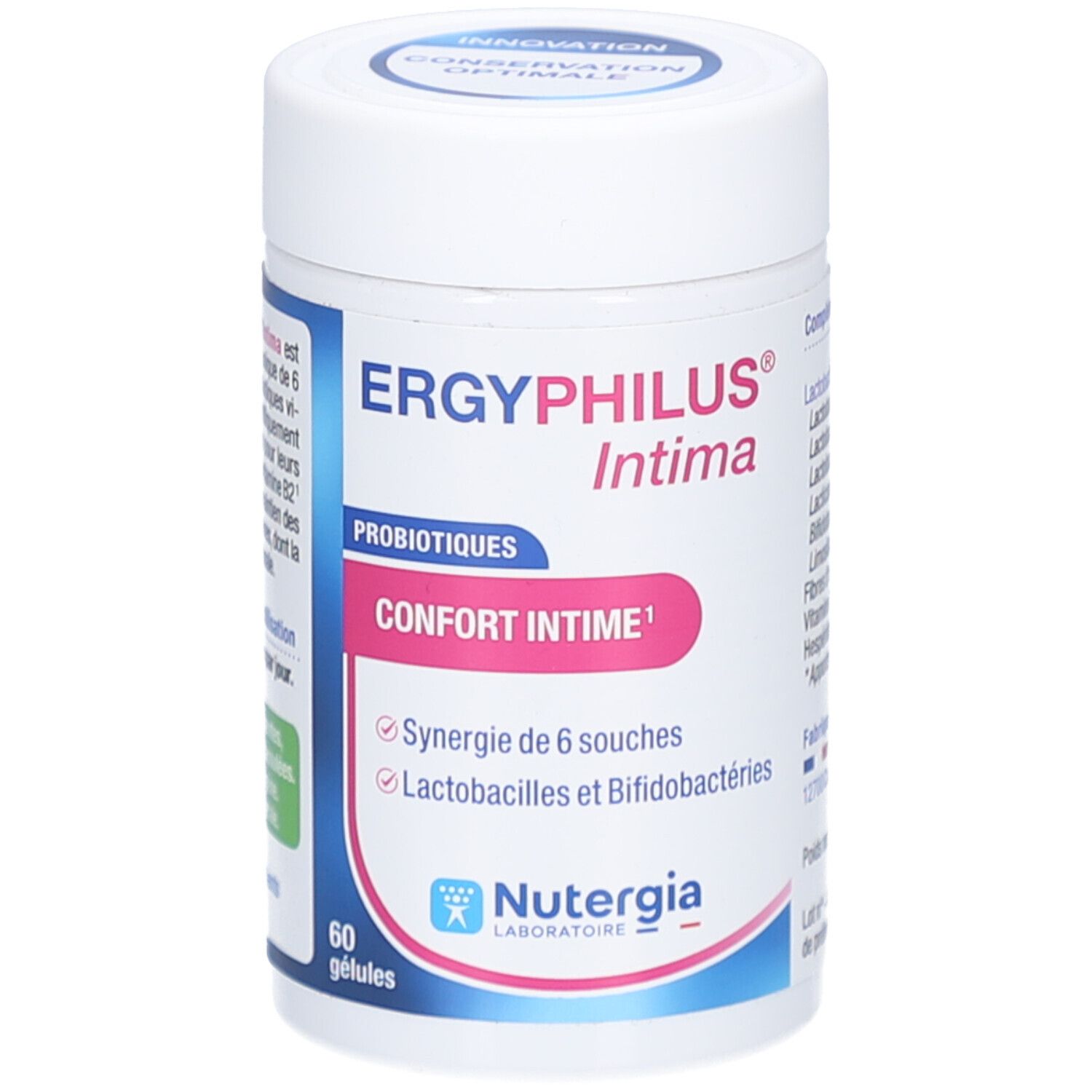 Flacon blanc cylindrique avec étiquette bleu-rose. Inscription: ERGYPHILUS Intima, Probiotiques, Confort Intime, 60 gélules. Marque: Nutergia.