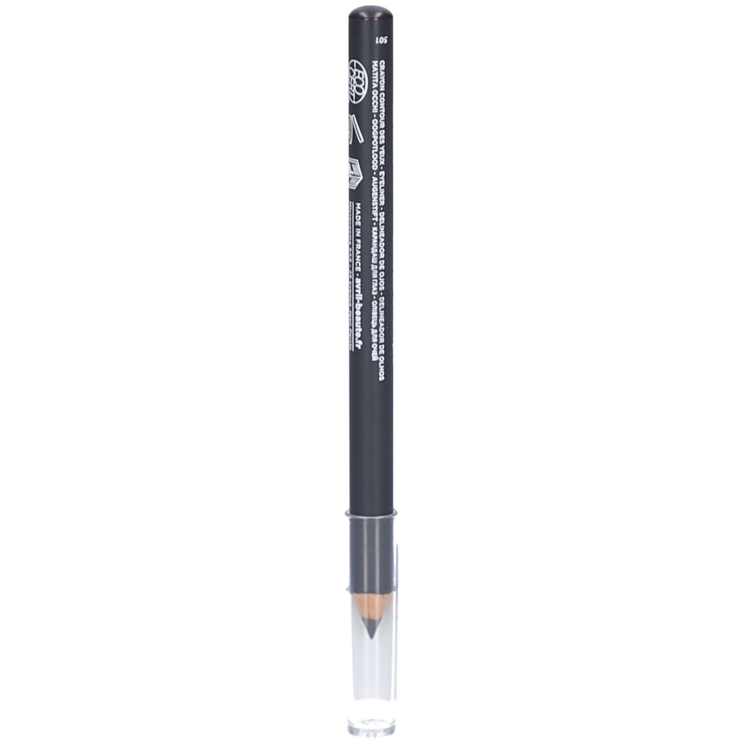 Crayon yeux gris ardoise avec capuchon transparent. Inscription: eyeliner. Pointe visible. Certifié bio.