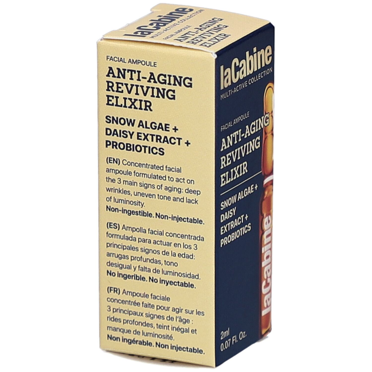 Boîte avec texte: Anti-Aging Reviving Elixir, ingrédients, 2ml. Marque: laCabine.