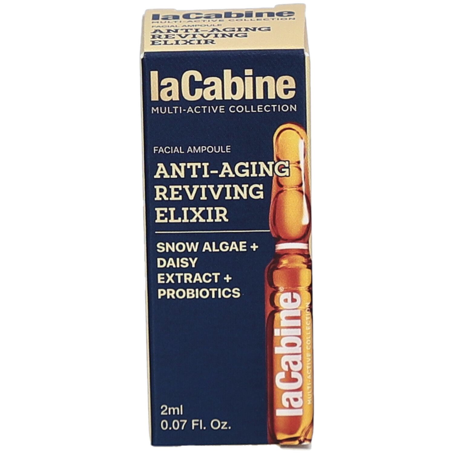 Boîte avec ampoule. Inscription: Anti-Aging Reviving Elixir, 2ml. Marque: laCabine.
