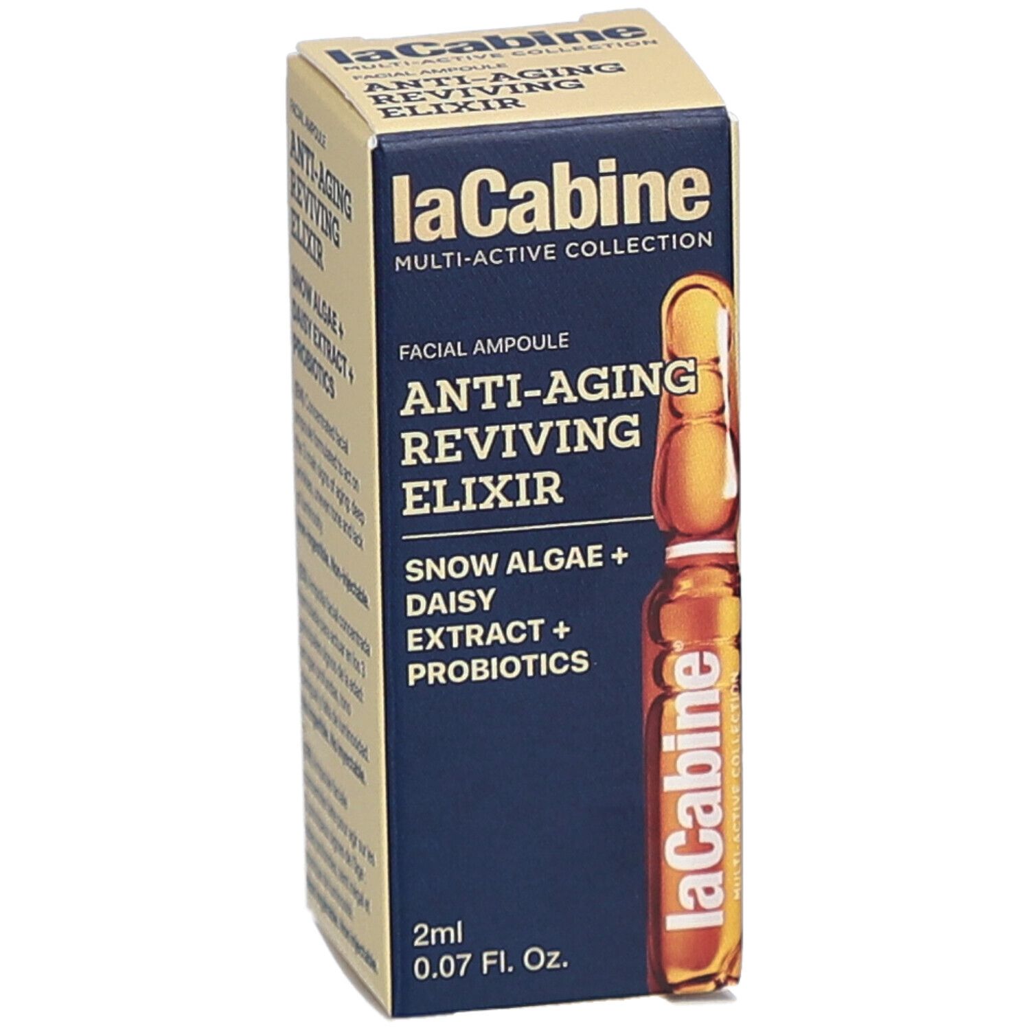Boîte avec ampoule. Inscription: Anti-Aging Reviving Elixir, 2ml. Marque: laCabine.