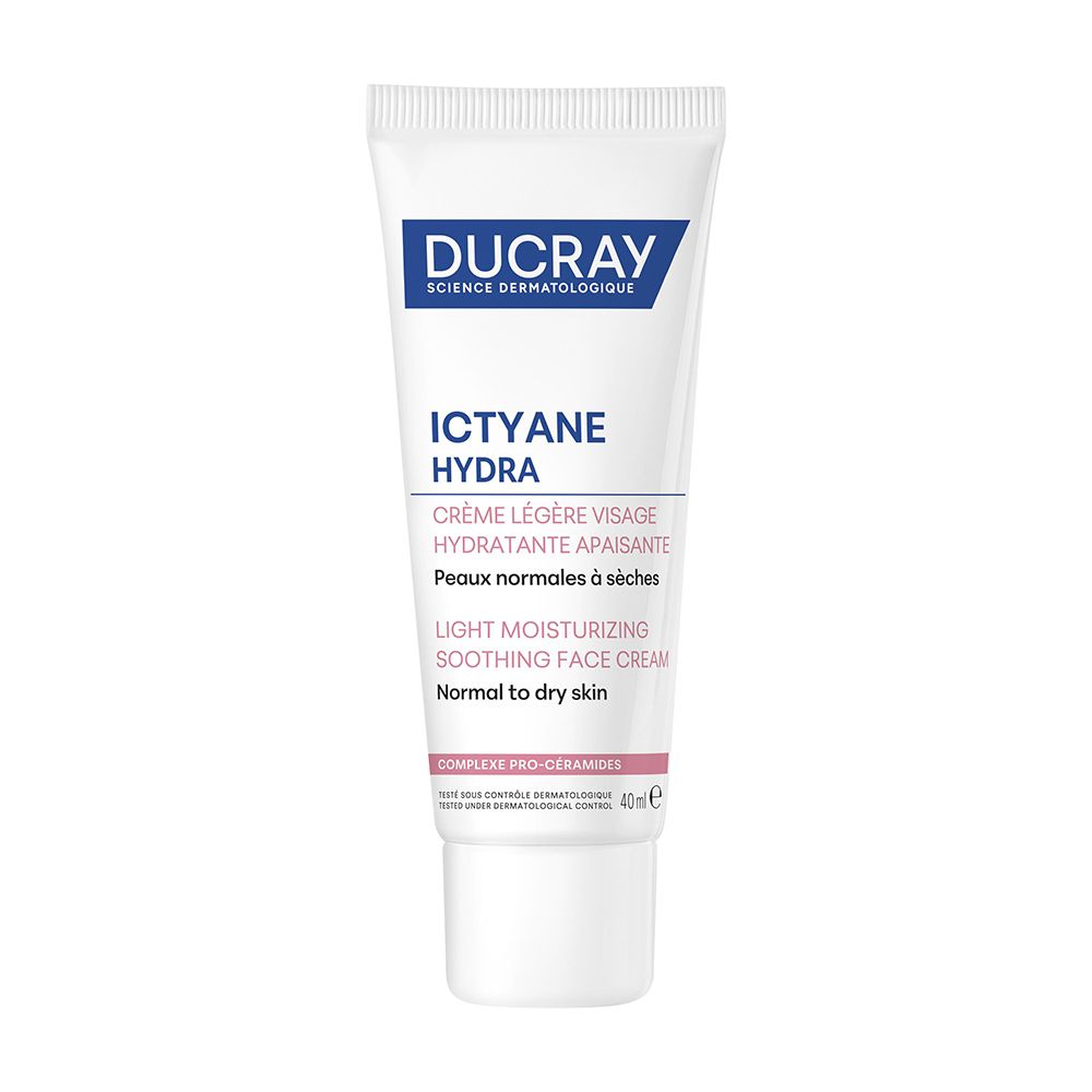 Crème visage légère Ducray Ictyane Hydra dans un tube blanc avec des accents roses.