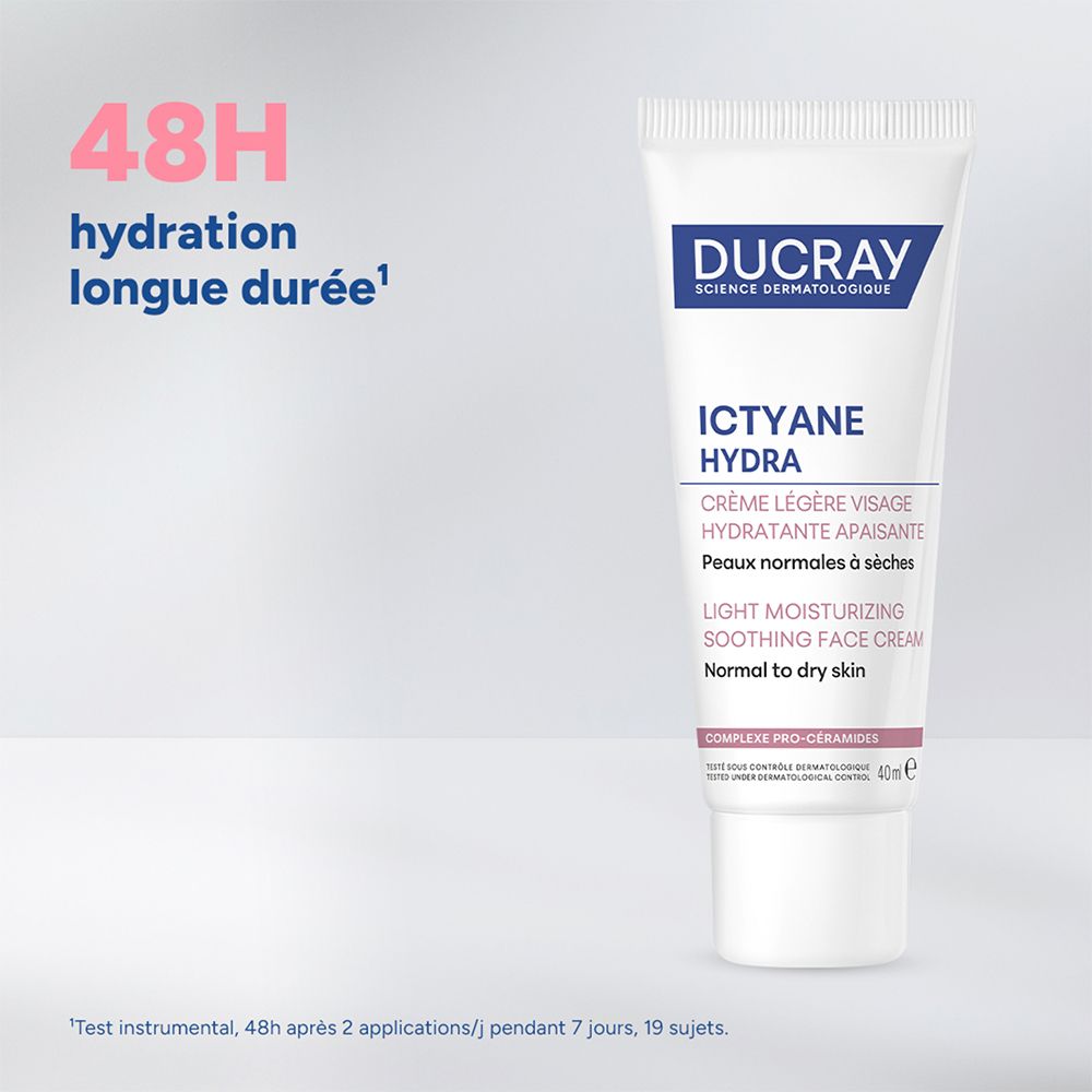 Tube blanc Ducray Ictyane Hydra avec texte "48H hydratation longue durée".