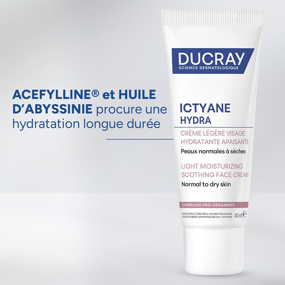Tube Ducray Ictyane Hydra avec texte sur l'Acefylline et l'huile d'Abyssinie.