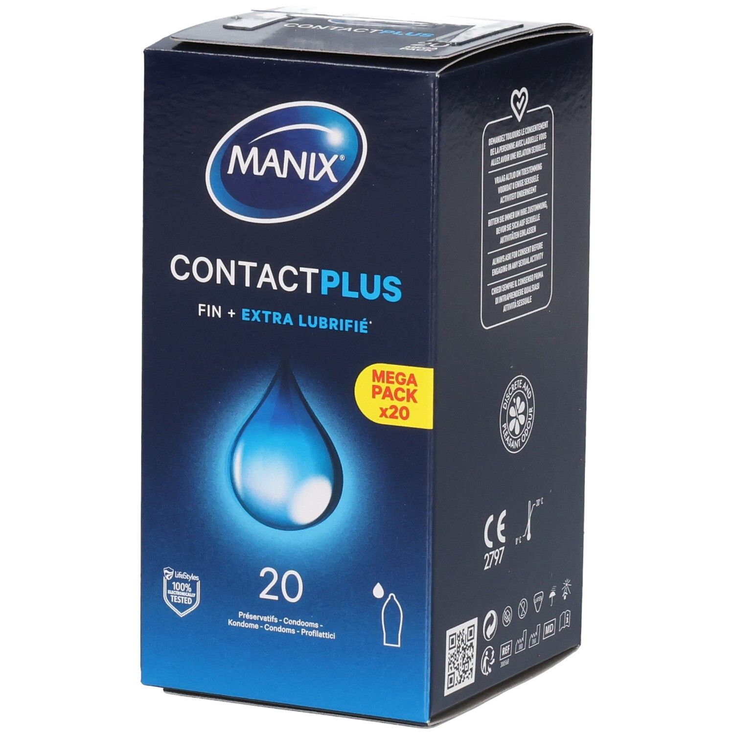 Boîte de préservatifs Manix Contact Plus, 20 unités, Mega Pack.
