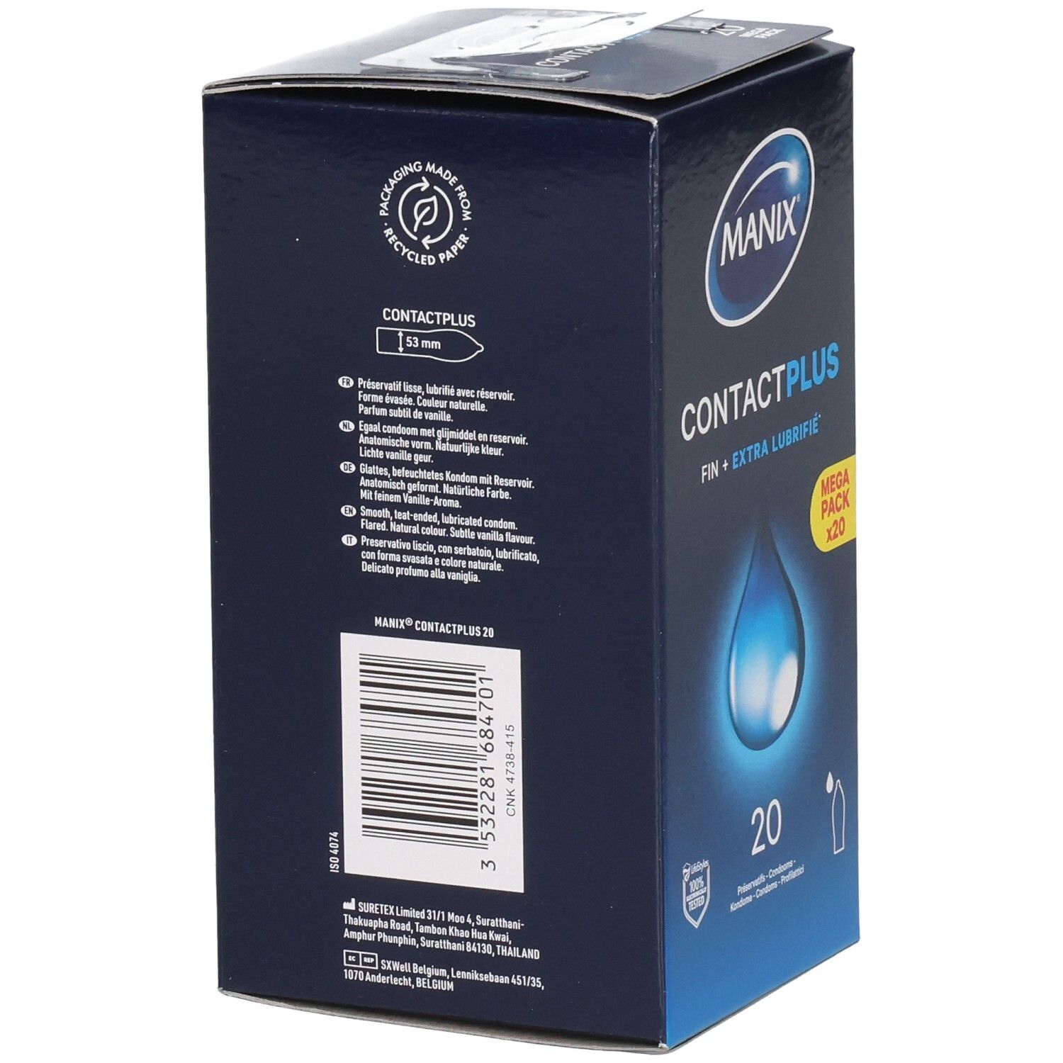Boîte de préservatifs Manix Contact Plus, côté avec informations produit et code-barres.