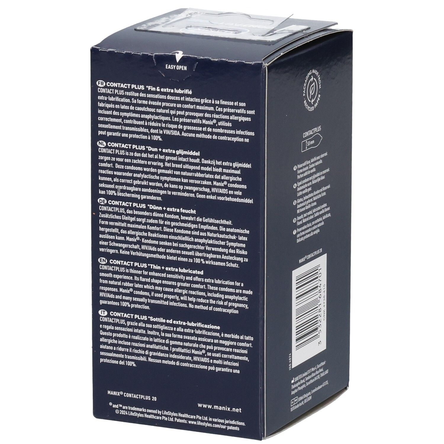 Boîte de préservatifs Manix Contact Plus, côté avec descriptions détaillées du produit.