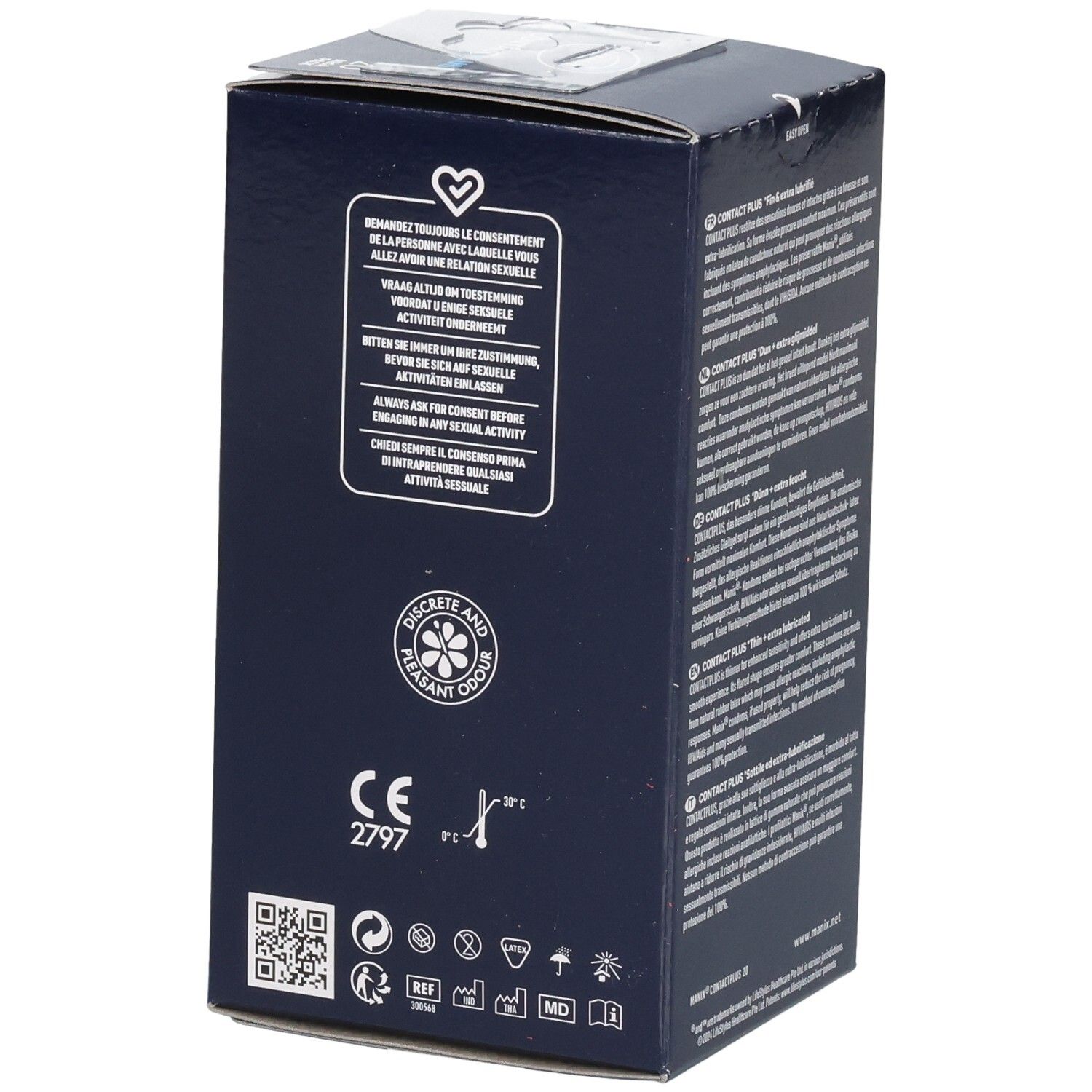 Boîte de préservatifs Manix Contact Plus, côté avec instructions d'utilisation et marquage CE.