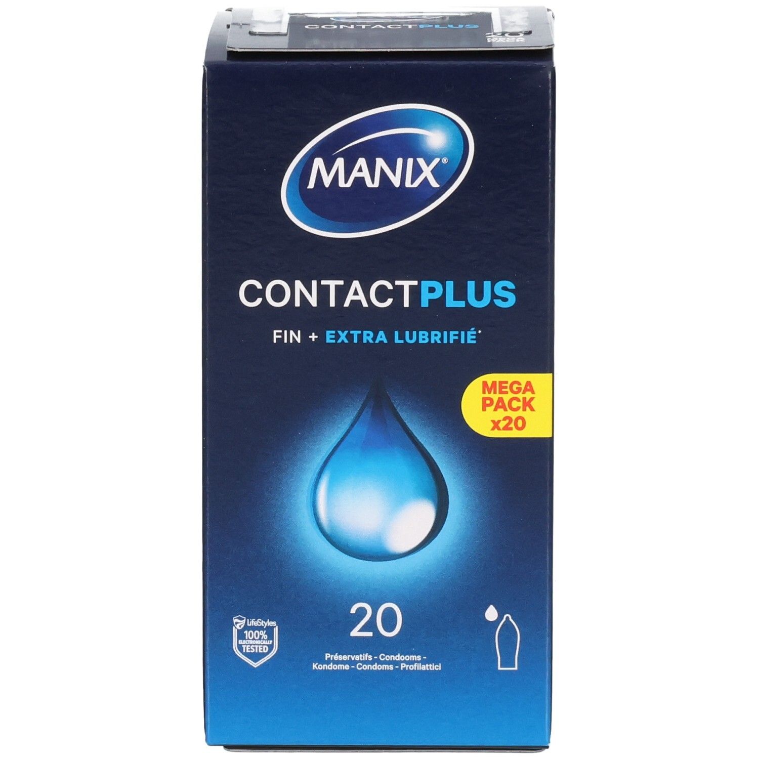 Boîte de préservatifs Manix Contact Plus, face avant avec logo, nom produit et design goutte.