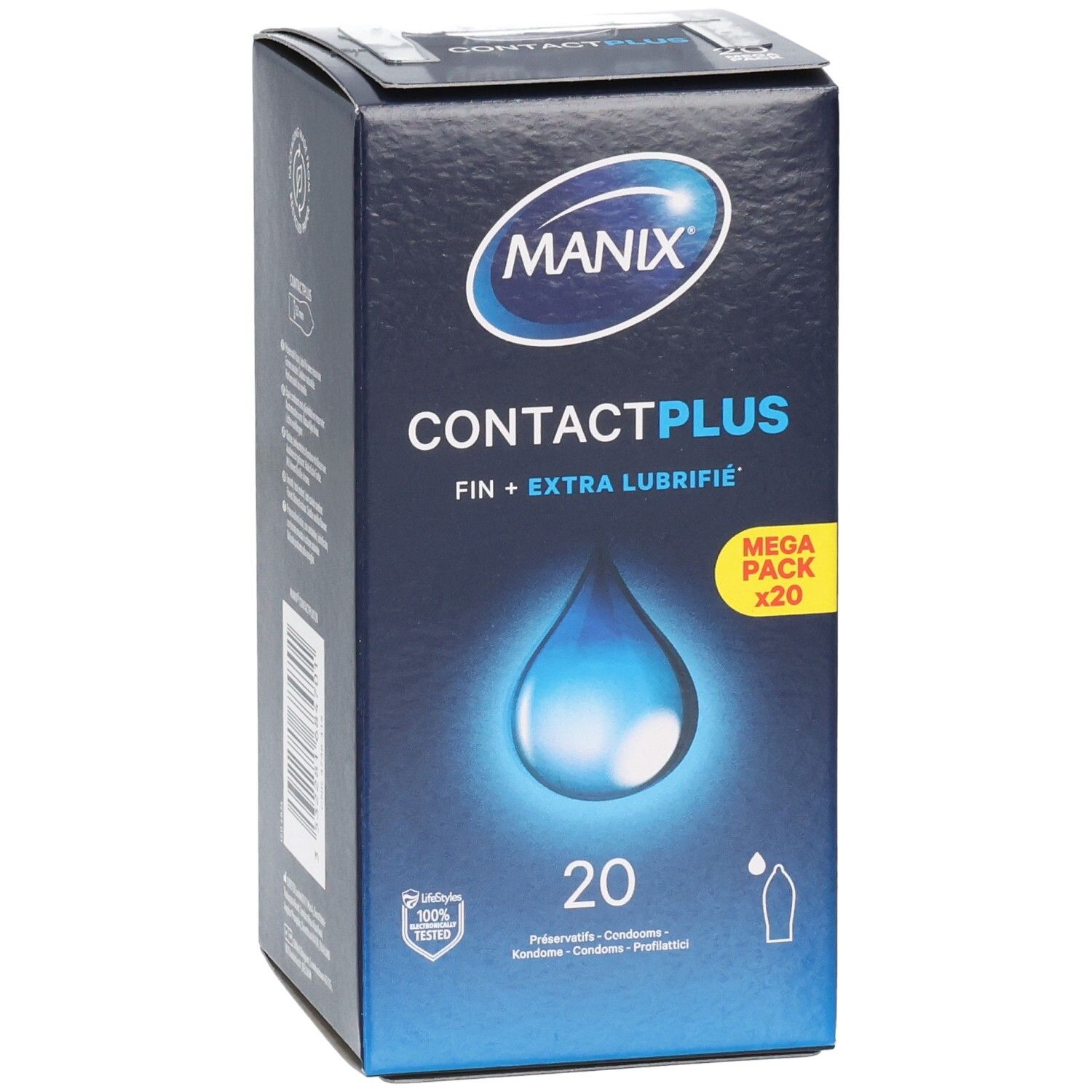 Boîte de préservatifs Manix Contact Plus, 20 unités, Mega Pack, avec design goutte.