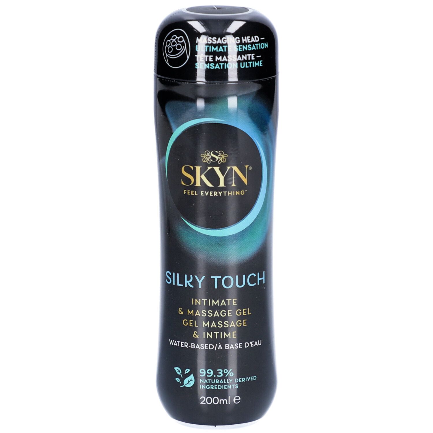 Flacon noir. Gel SKYN SILKY TOUCH. Logo rond. Texte: Intimate & Massage Gel. 99,3% ingrédients naturels.