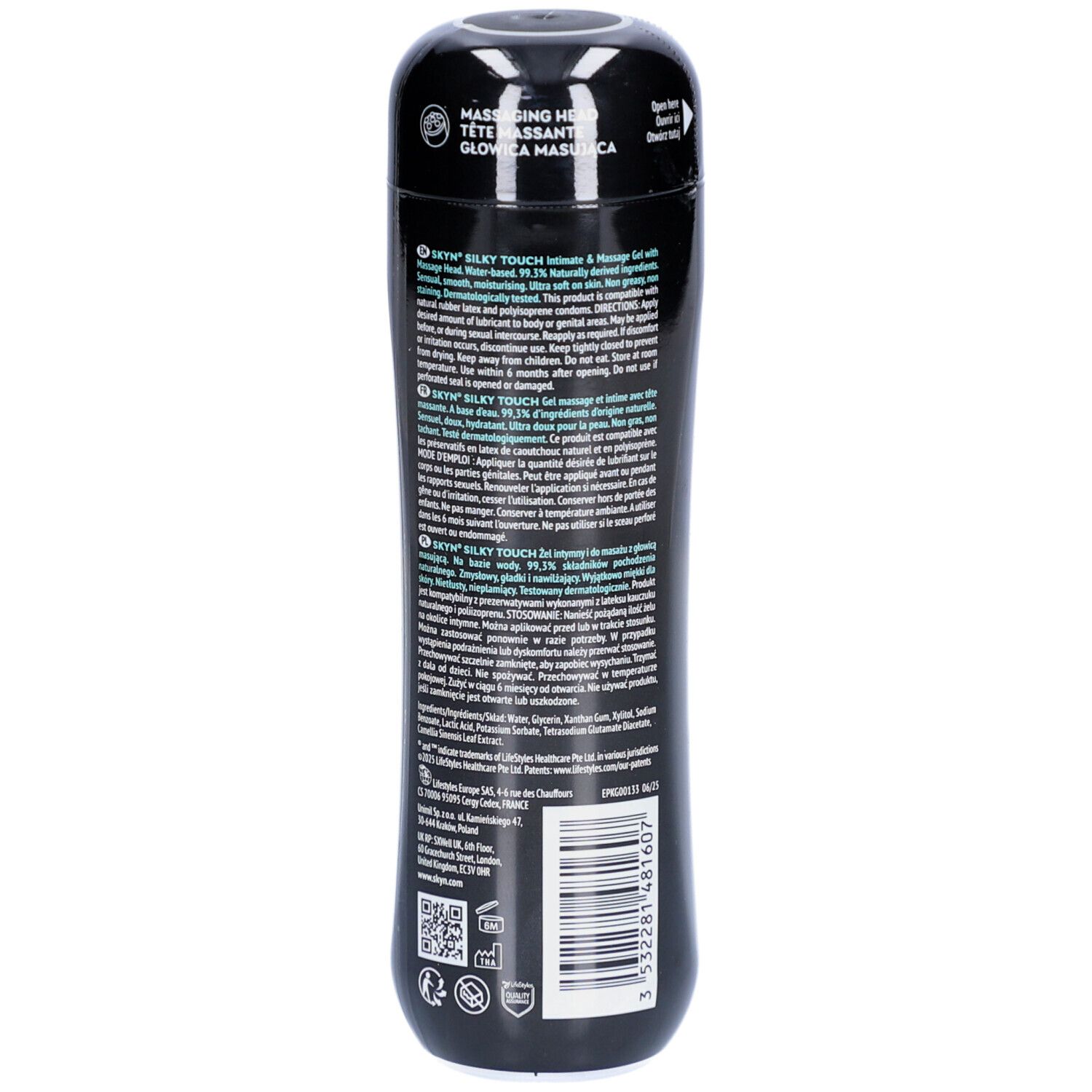 Dos du flacon noir. Texte et informations sur le produit. Code QR et logos.