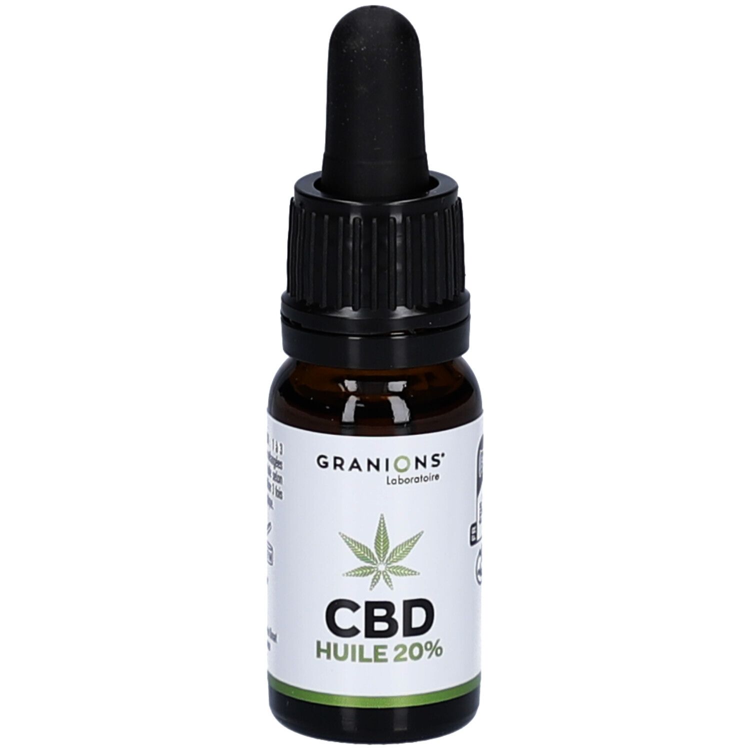 Flacon en verre brun avec compte-gouttes noir. Inscription: CBD Huile 20%, Granions Laboratoire. Bande verte.