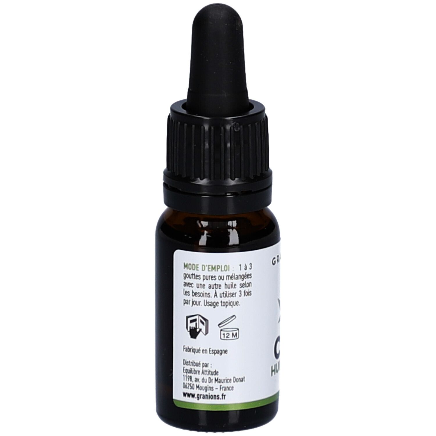 Flacon en verre brun avec compte-gouttes noir. Texte au dos. Inscription: Mode d'emploi, Fabriqué en Espagne.