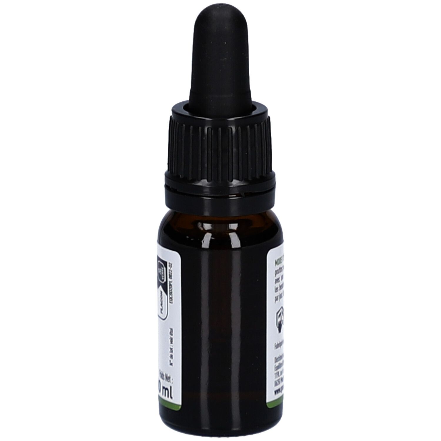 Flacon en verre brun avec compte-gouttes noir. Texte au dos. Inscription: 10 ml.