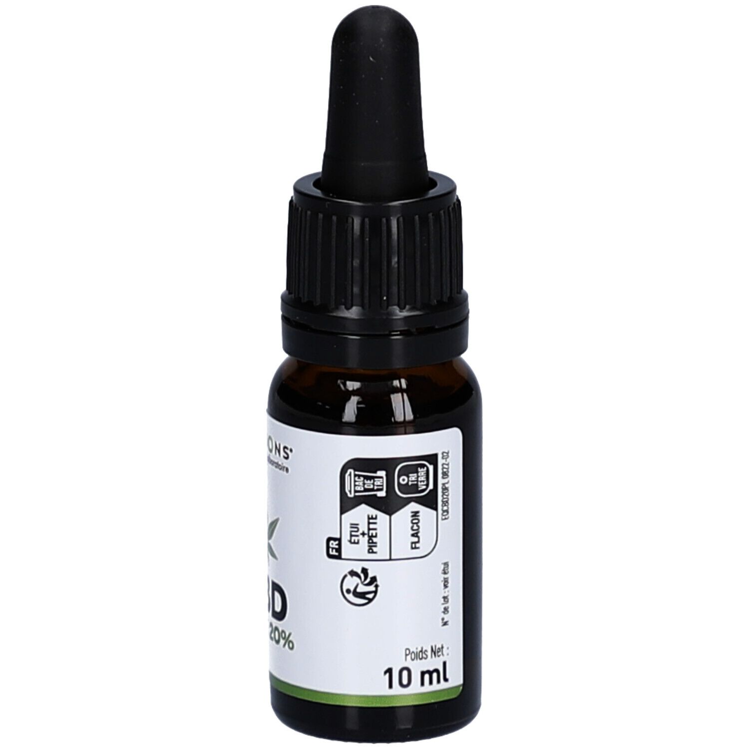 Flacon en verre brun avec compte-gouttes noir. Inscription: CBD Huile 20%, 10 ml. Étiquette avec pictogrammes.